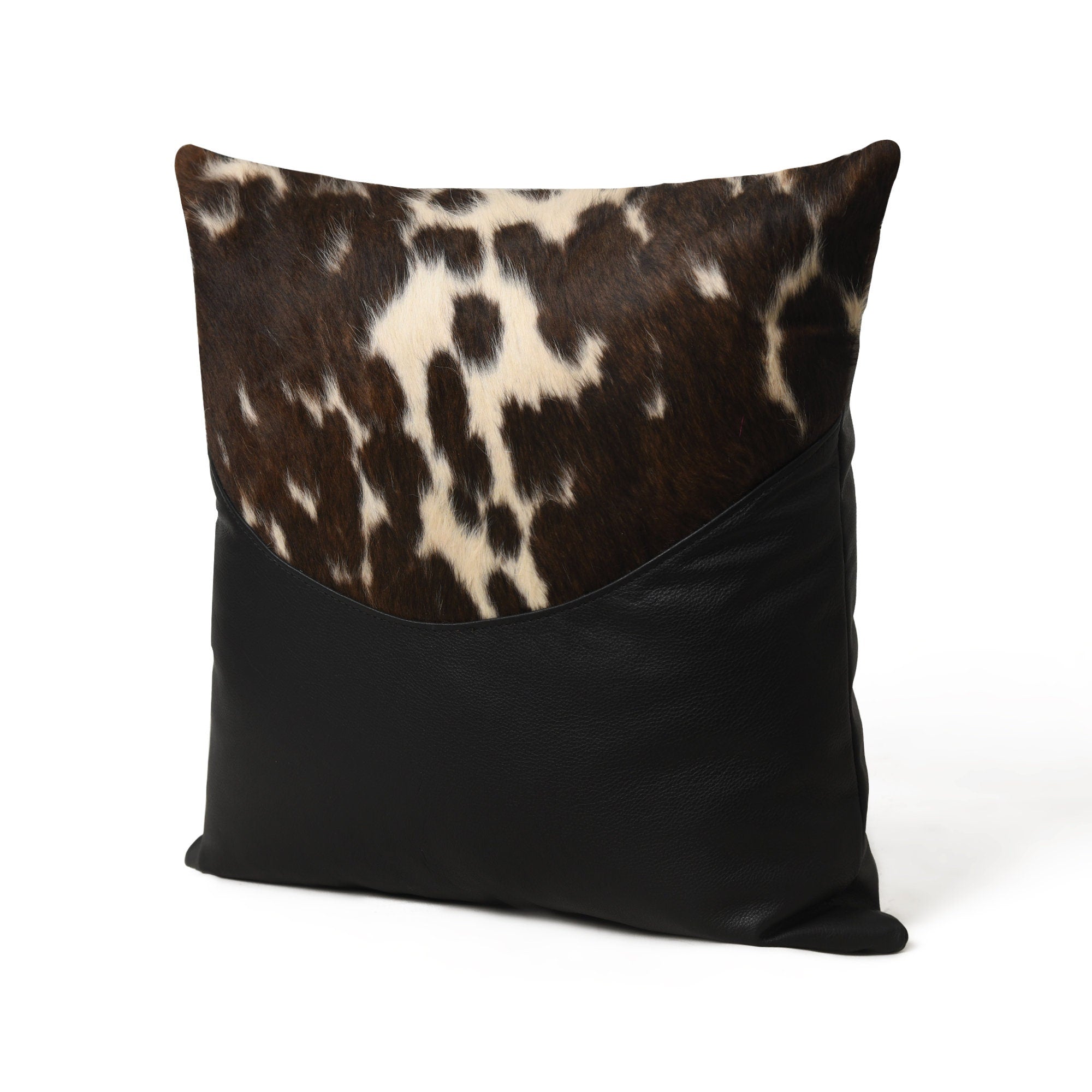 MOUSM Real Cowhide Leather Cushion Cover – 18x18 Inches Pillow Cover with Half Brown & White Spotted Cow Hair On and Smooth Black Leather Base – Designer Throw Pillow Case for Sofa, Couch, Living Room & Bedroom