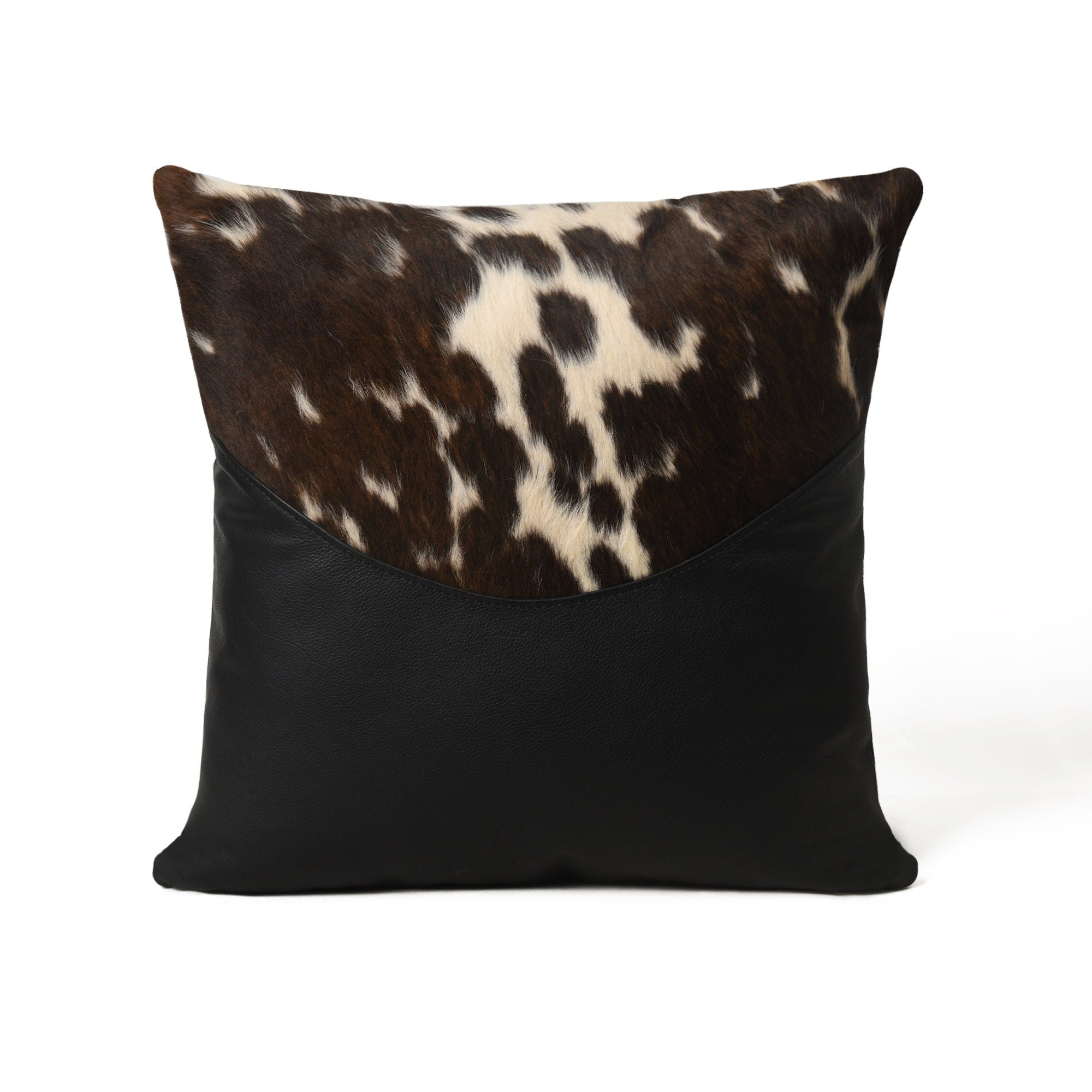 MOUSM Real Cowhide Leather Cushion Cover – 18x18 Inches Pillow Cover with Half Brown & White Spotted Cow Hair On and Smooth Black Leather Base – Designer Throw Pillow Case for Sofa, Couch, Living Room & Bedroom