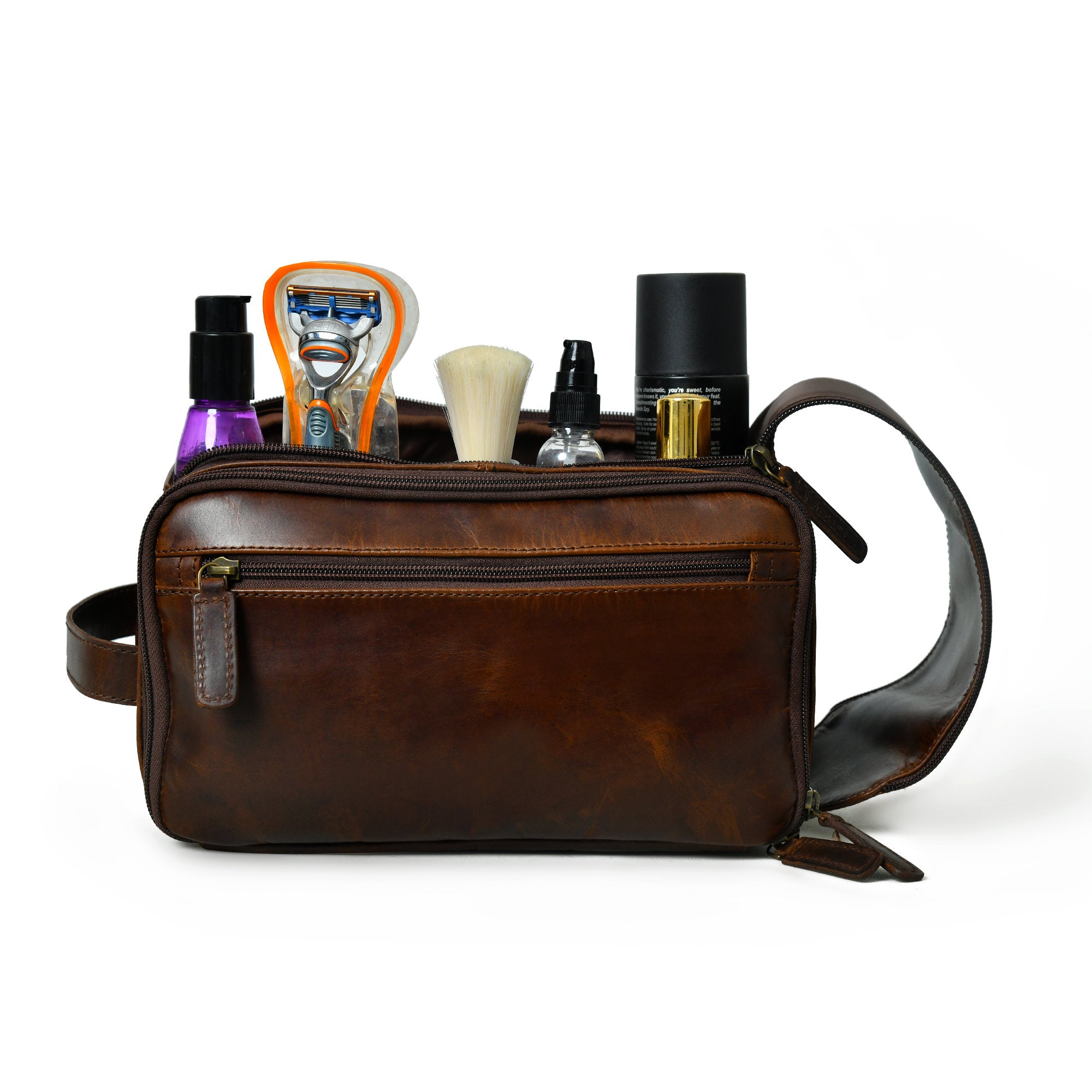 MOUSM Groomsmen Gift, Groomsmen Proposal, Personalized Mens Leather Toiletry Bag Groomsman Gift, Solid Brown Leather Dopp Kit,Groom Gift Bag