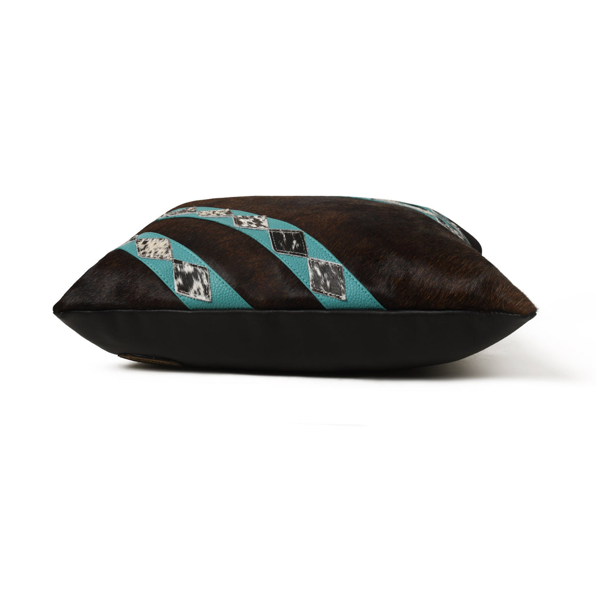 MOUSM Real Cowhide Leather Cushion Cover – 18x18 Inches Hair-On Brown Leather Pillow Cover with Turquoise Corner Stripes Patch and Natural Cowhide Stitched Over the Strips – Designer Throw Pillow Case for Sofa, Couch, Living Room & Bedroom