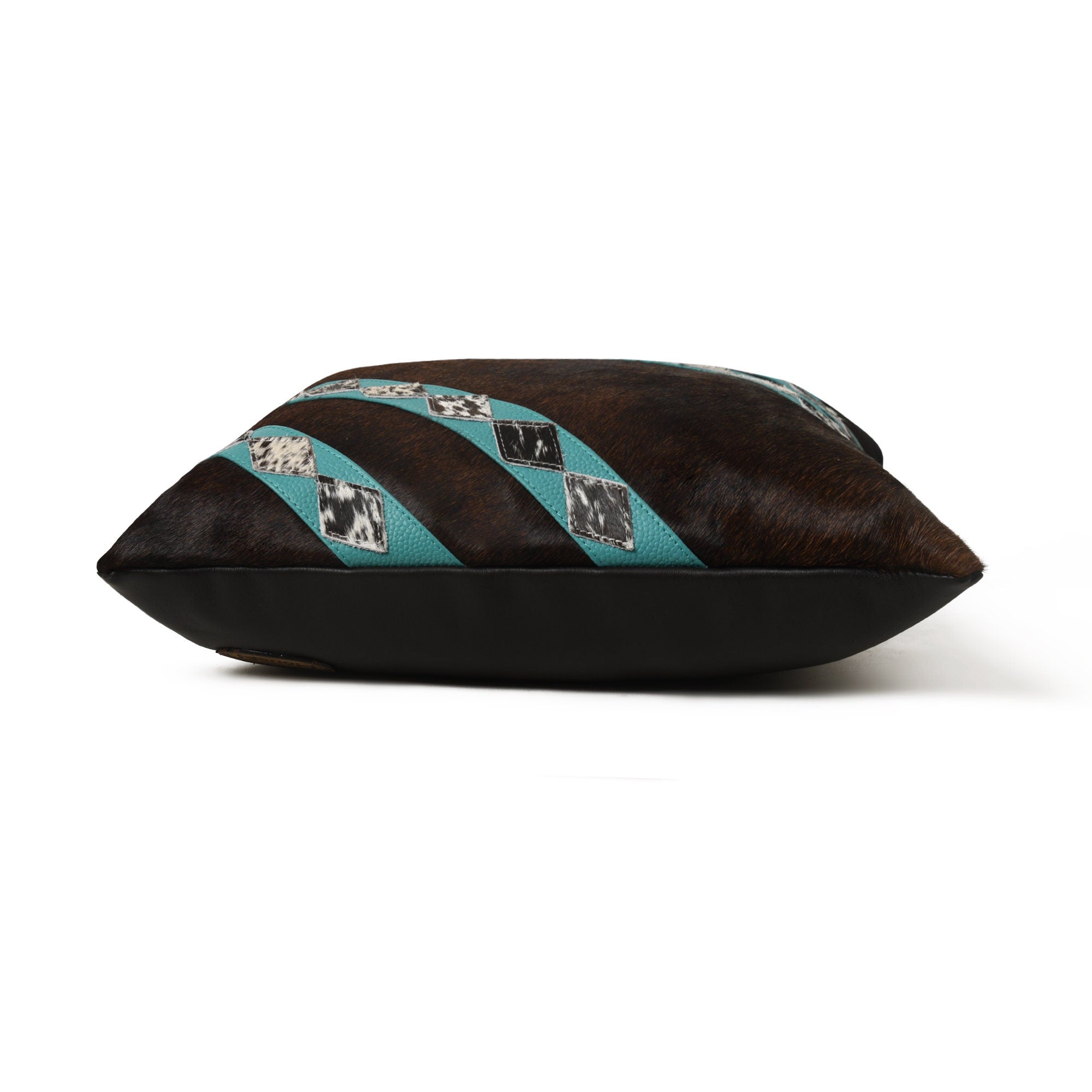 MOUSM Real Cowhide Leather Cushion Cover – 18x18 Inches Hair-On Brown Leather Pillow Cover with Turquoise Corner Stripes Patch and Natural Cowhide Stitched Over the Strips – Designer Throw Pillow Case for Sofa, Couch, Living Room & Bedroom
