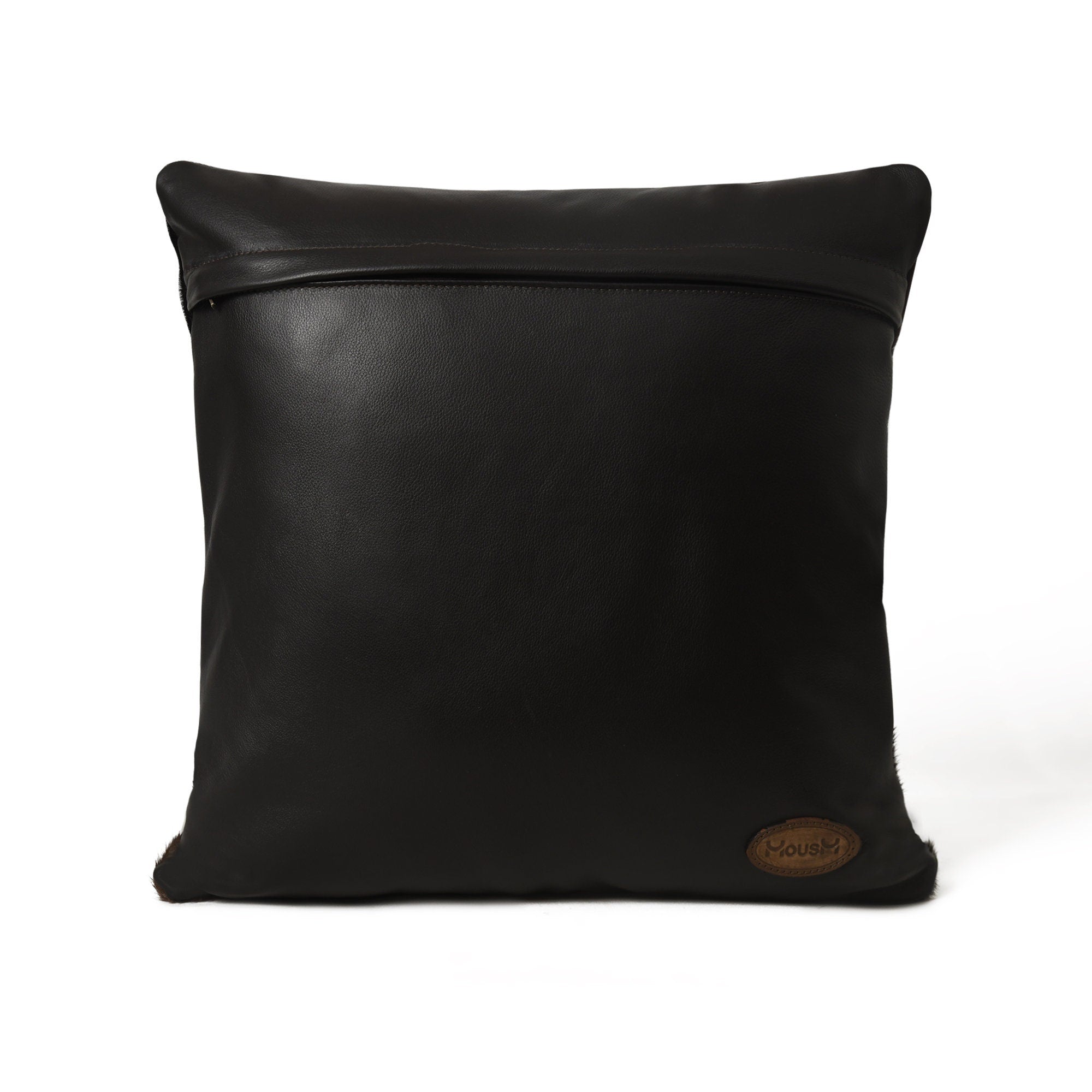 MOUSM Real Cowhide Leather Cushion Cover – 18x18 Inches Hair-On Brown Leather Pillow Cover with Turquoise Corner Stripes Patch and Natural Cowhide Stitched Over the Strips – Designer Throw Pillow Case for Sofa, Couch, Living Room & Bedroom