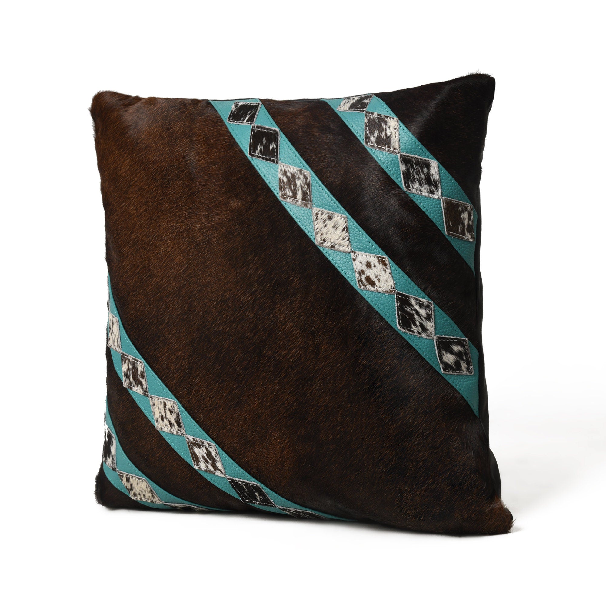 MOUSM Real Cowhide Leather Cushion Cover – 18x18 Inches Hair-On Brown Leather Pillow Cover with Turquoise Corner Stripes Patch and Natural Cowhide Stitched Over the Strips – Designer Throw Pillow Case for Sofa, Couch, Living Room & Bedroom
