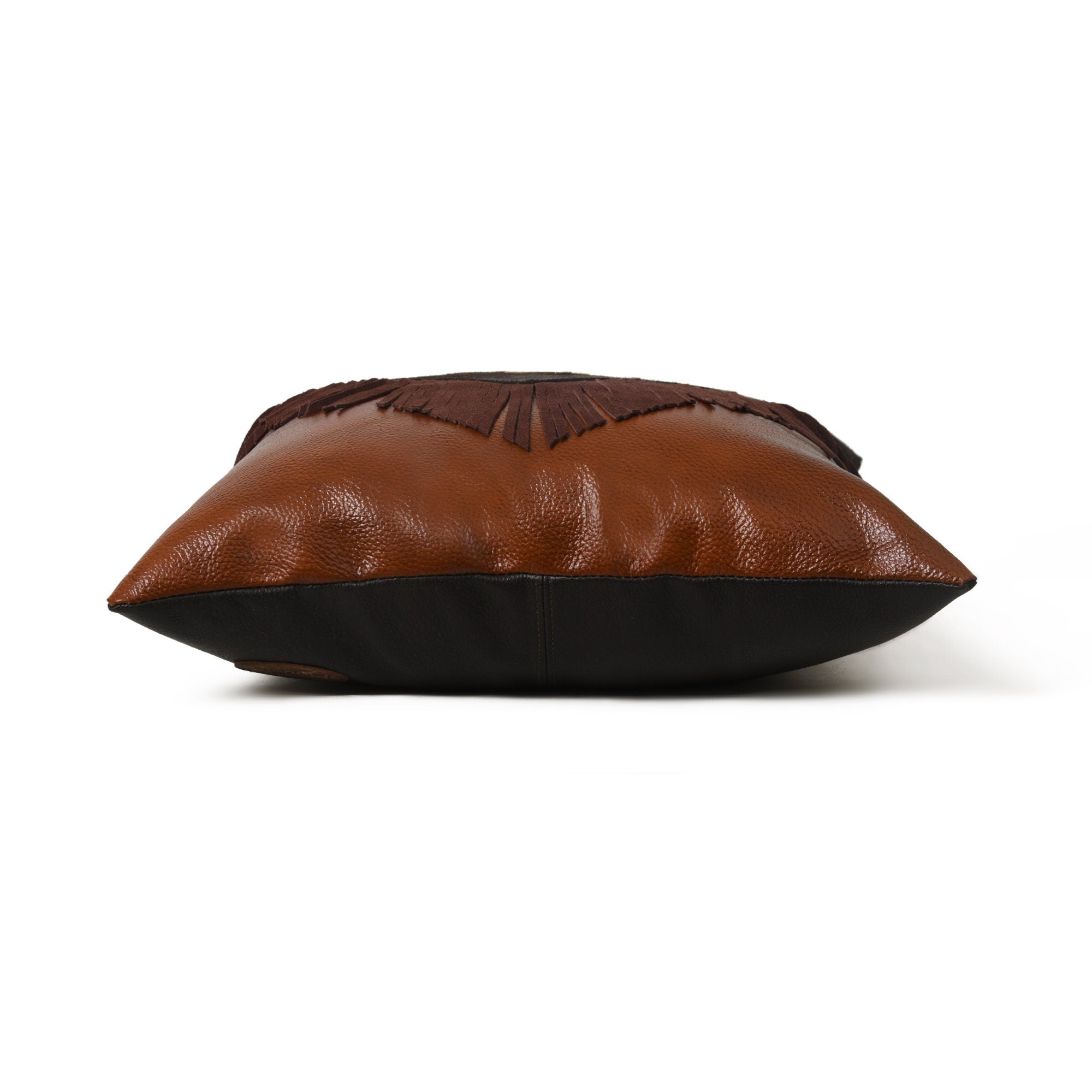 MOUSM Real Cowhide Leather Cushion Cover – 18x18 Inch Hair-On Leather Pillow Cover with Bull Head Design Patch and Chocolate Brown Fringe – Western Decorative Throw Pillow Case for Sofa, Couch, Living Room & Bedroom
