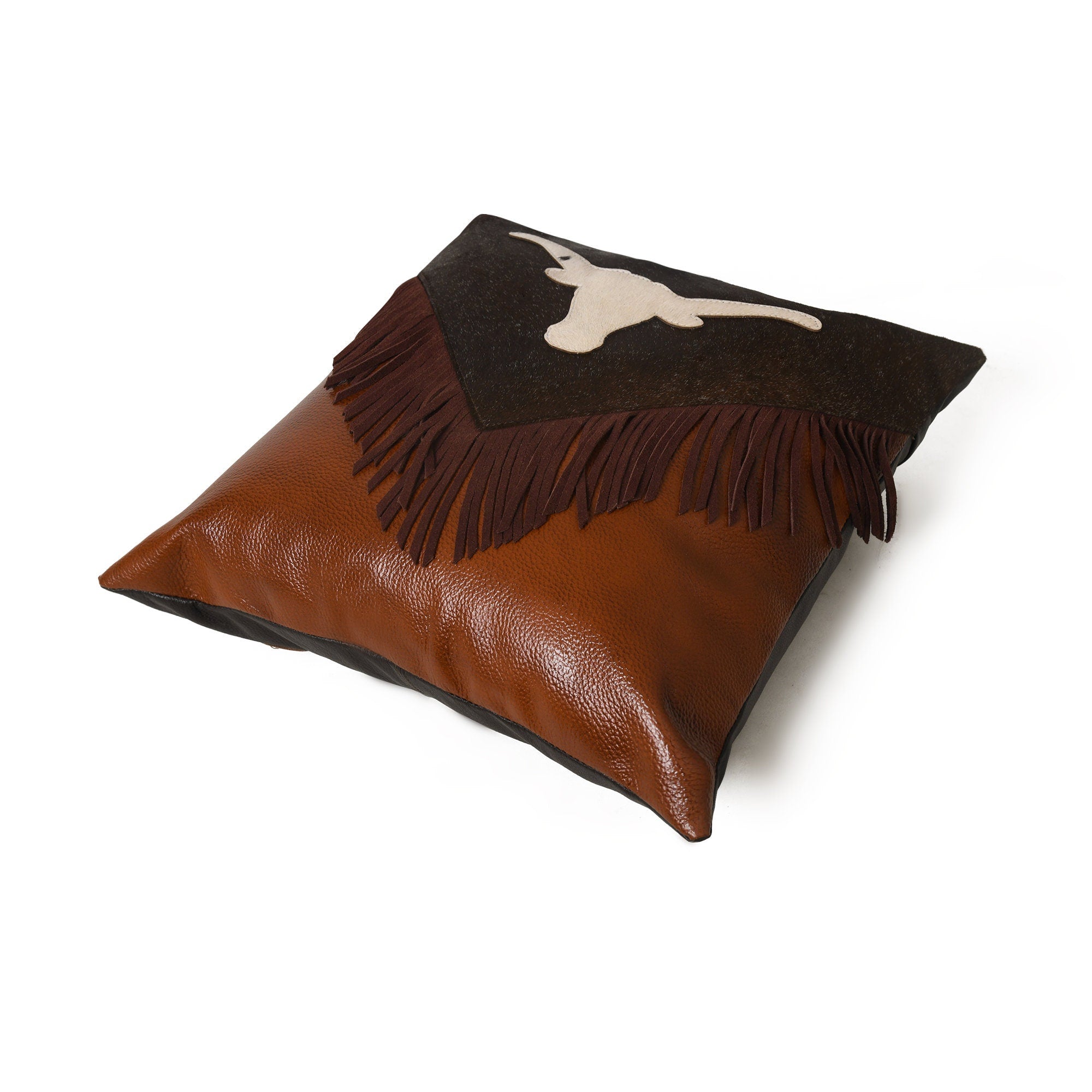 MOUSM Real Cowhide Leather Cushion Cover – 18x18 Inch Hair-On Leather Pillow Cover with Bull Head Design Patch and Chocolate Brown Fringe – Western Decorative Throw Pillow Case for Sofa, Couch, Living Room & Bedroom