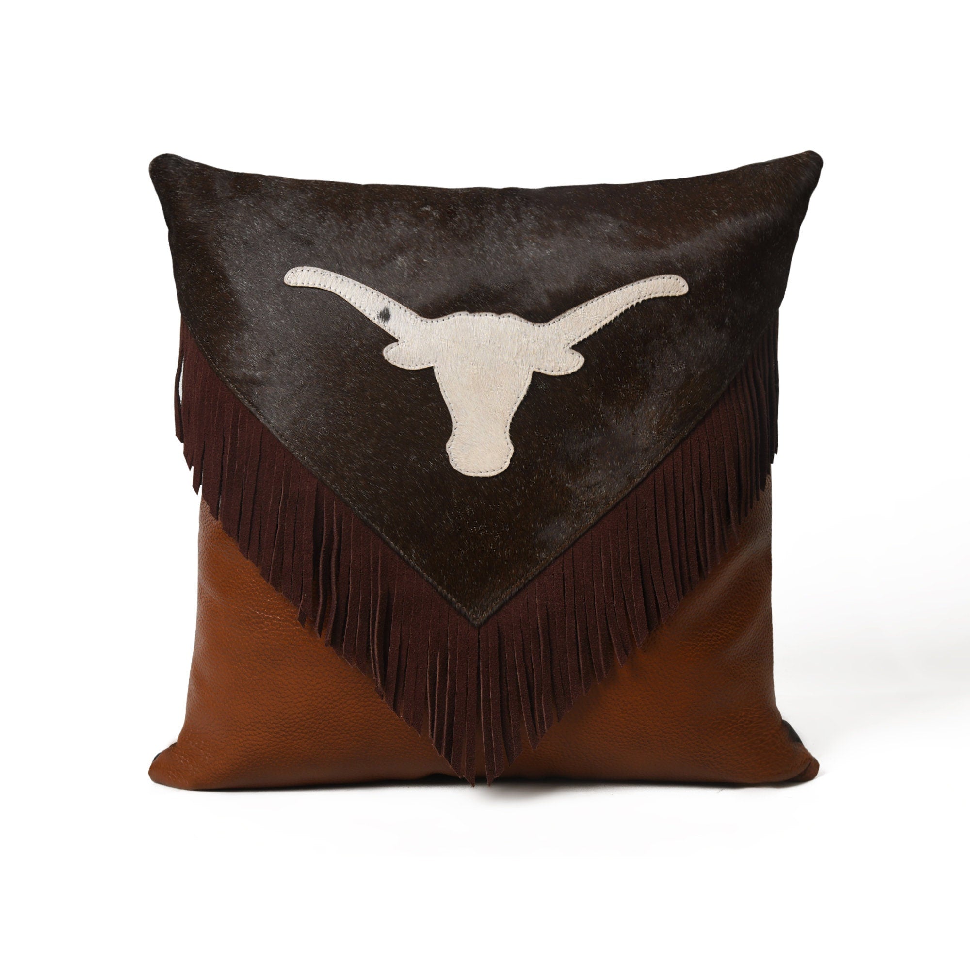 MOUSM Real Cowhide Leather Cushion Cover – 18x18 Inch Hair-On Leather Pillow Cover with Bull Head Design Patch and Chocolate Brown Fringe – Western Decorative Throw Pillow Case for Sofa, Couch, Living Room & Bedroom