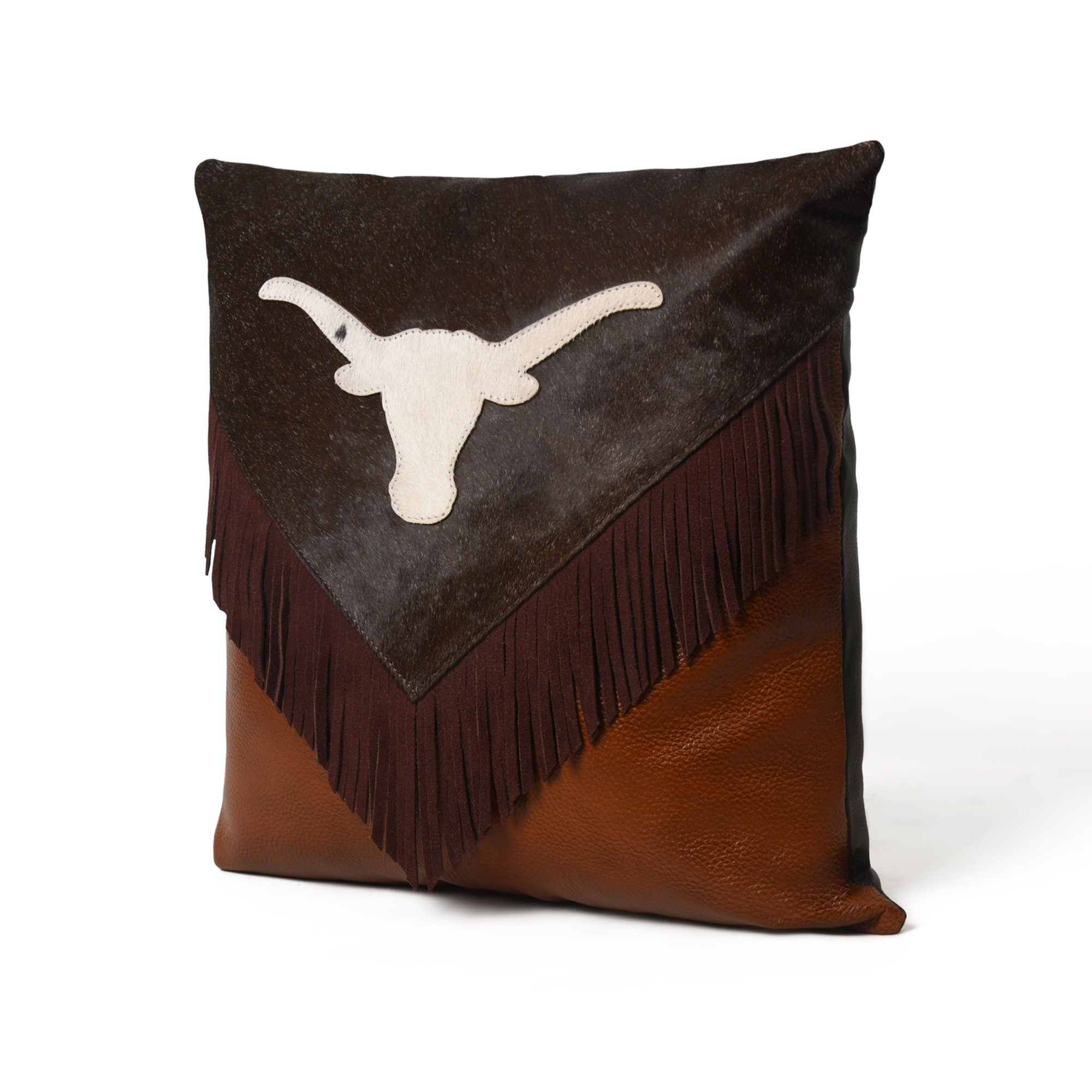 MOUSM Real Cowhide Leather Cushion Cover – 18x18 Inch Hair-On Leather Pillow Cover with Bull Head Design Patch and Chocolate Brown Fringe – Western Decorative Throw Pillow Case for Sofa, Couch, Living Room & Bedroom