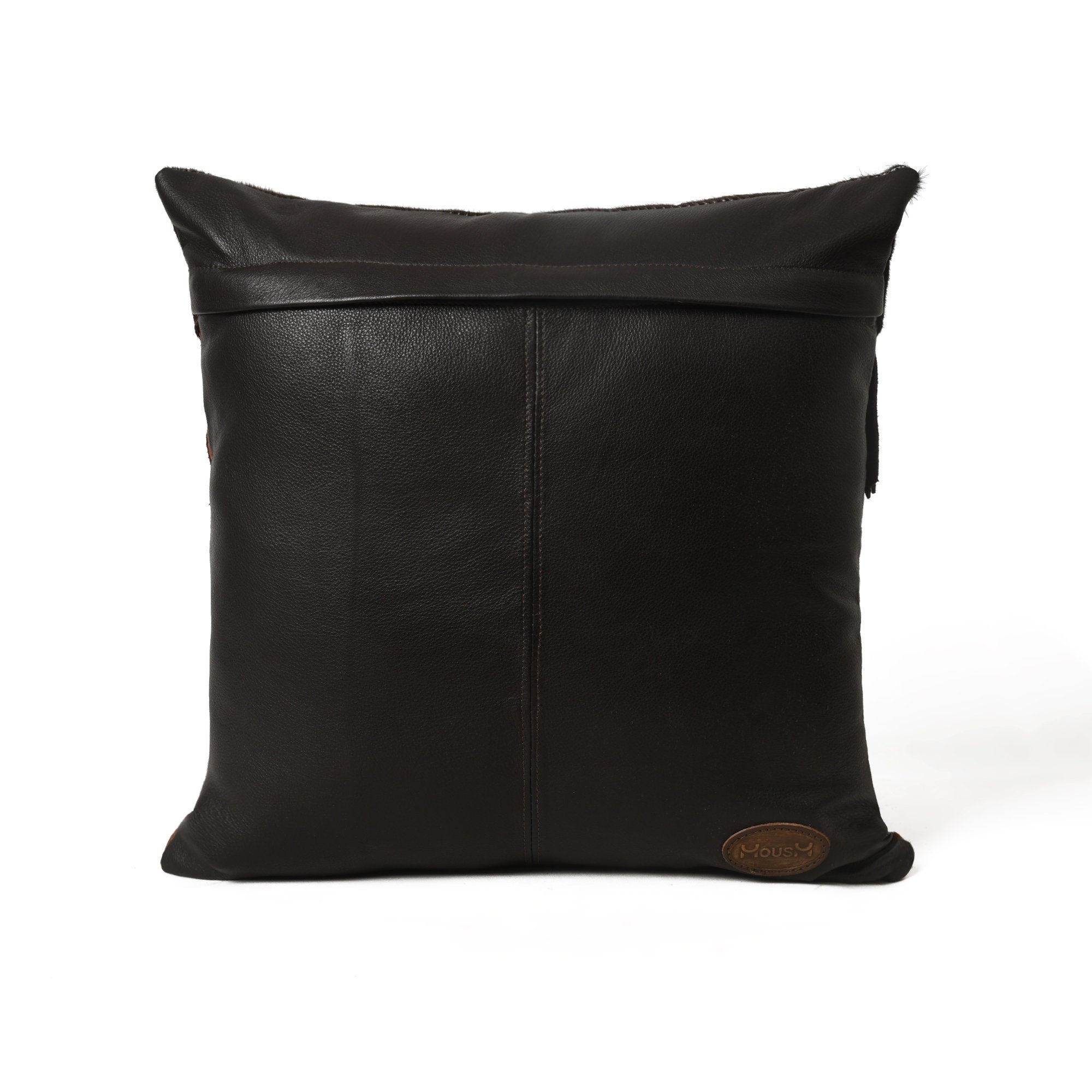 MOUSM Real Cowhide Leather Cushion Cover – 18x18 Inch Hair-On Leather Pillow Cover with Bull Head Design Patch and Chocolate Brown Fringe – Western Decorative Throw Pillow Case for Sofa, Couch, Living Room & Bedroom