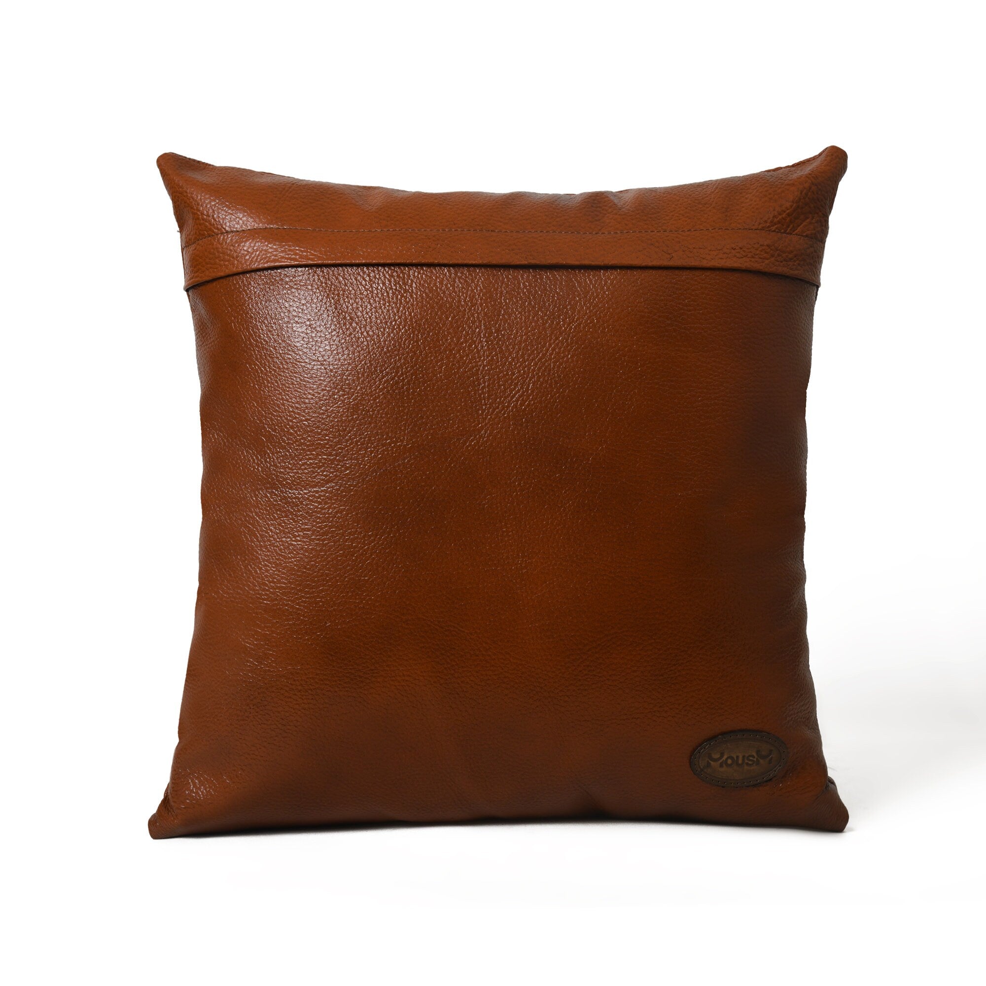 MOUSM Real Cowhide Leather Cushion Cover – 18x18 Inches Tan Leather Pillow Cover with Hair On LOVE Patch Design – Designer Throw Pillow Case for Sofa, Couch, Living Room & Bedroom