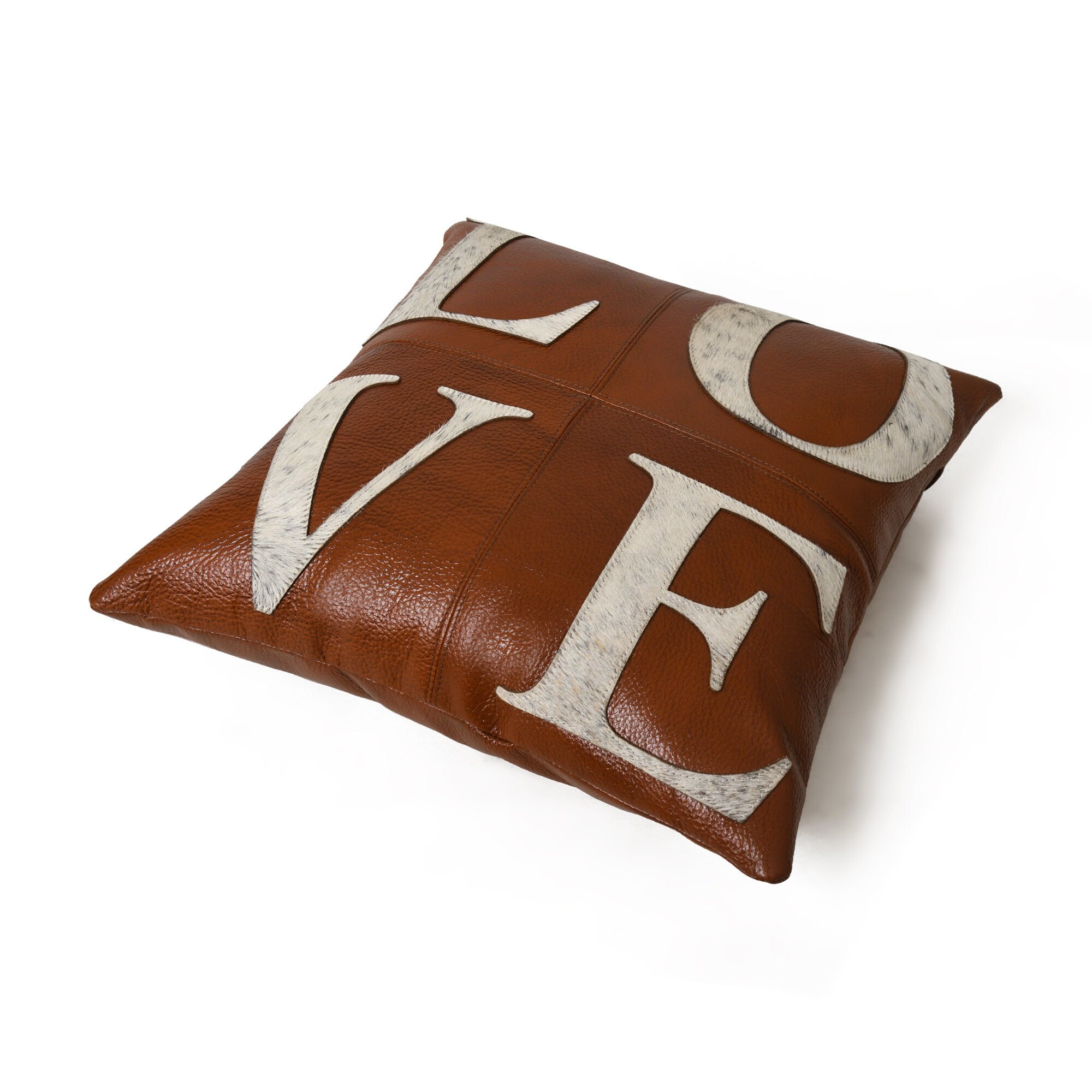 MOUSM Real Cowhide Leather Cushion Cover – 18x18 Inches Tan Leather Pillow Cover with Hair On LOVE Patch Design – Designer Throw Pillow Case for Sofa, Couch, Living Room & Bedroom
