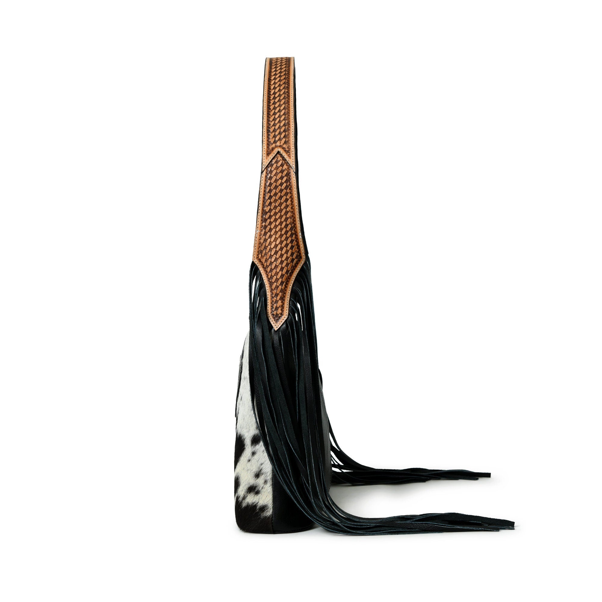MOUSM Genuine Cowhide Leather Shoulder Bag for Women - Colorful Bull Head Print Patch on Real Hair-On Cow Hide Front with Long Black Leather Fringe Both Sides, High-Quality Zipper Closure