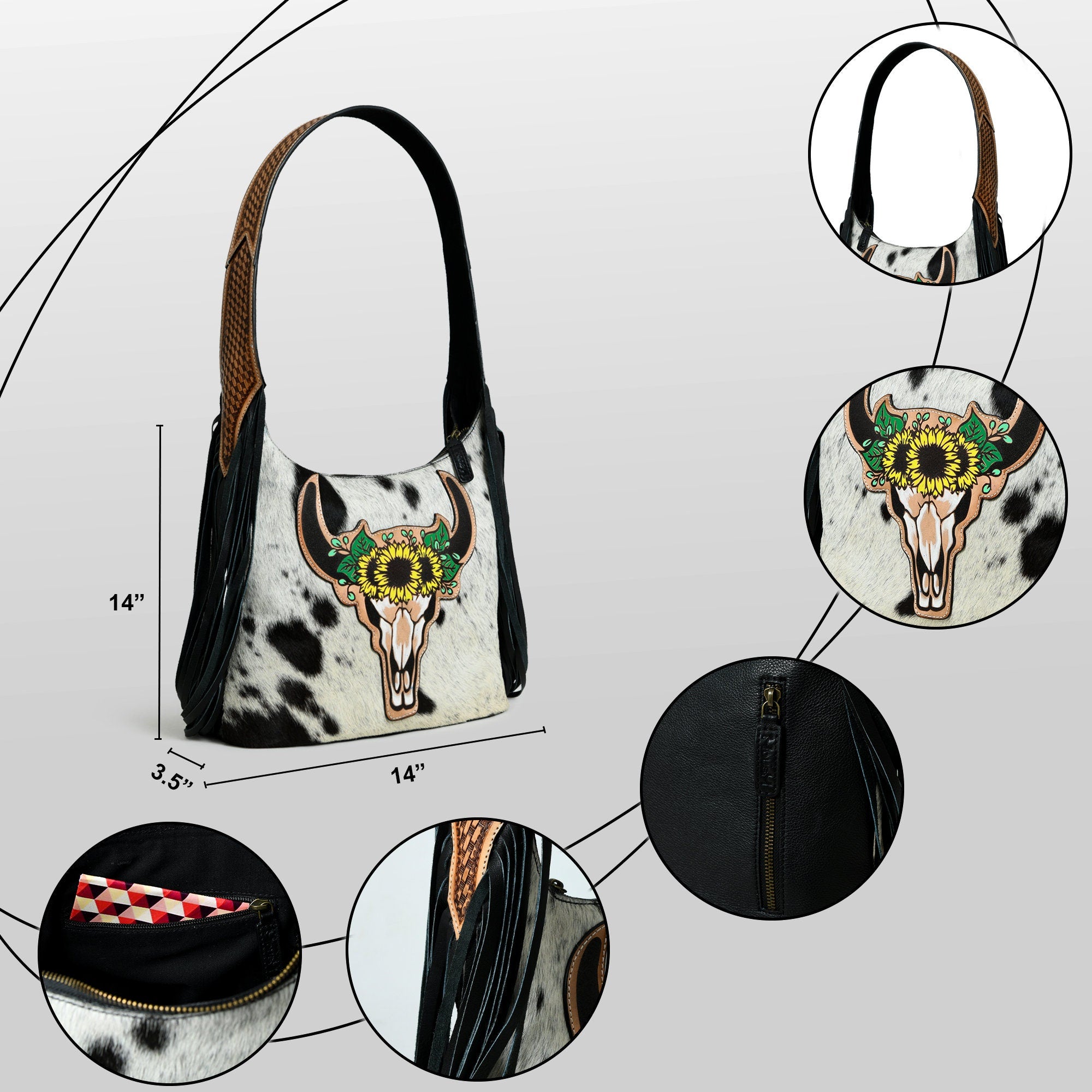 MOUSM Genuine Cowhide Leather Shoulder Bag for Women - Colorful Bull Head Print Patch on Real Hair-On Cow Hide Front with Long Black Leather Fringe Both Sides, High-Quality Zipper Closure
