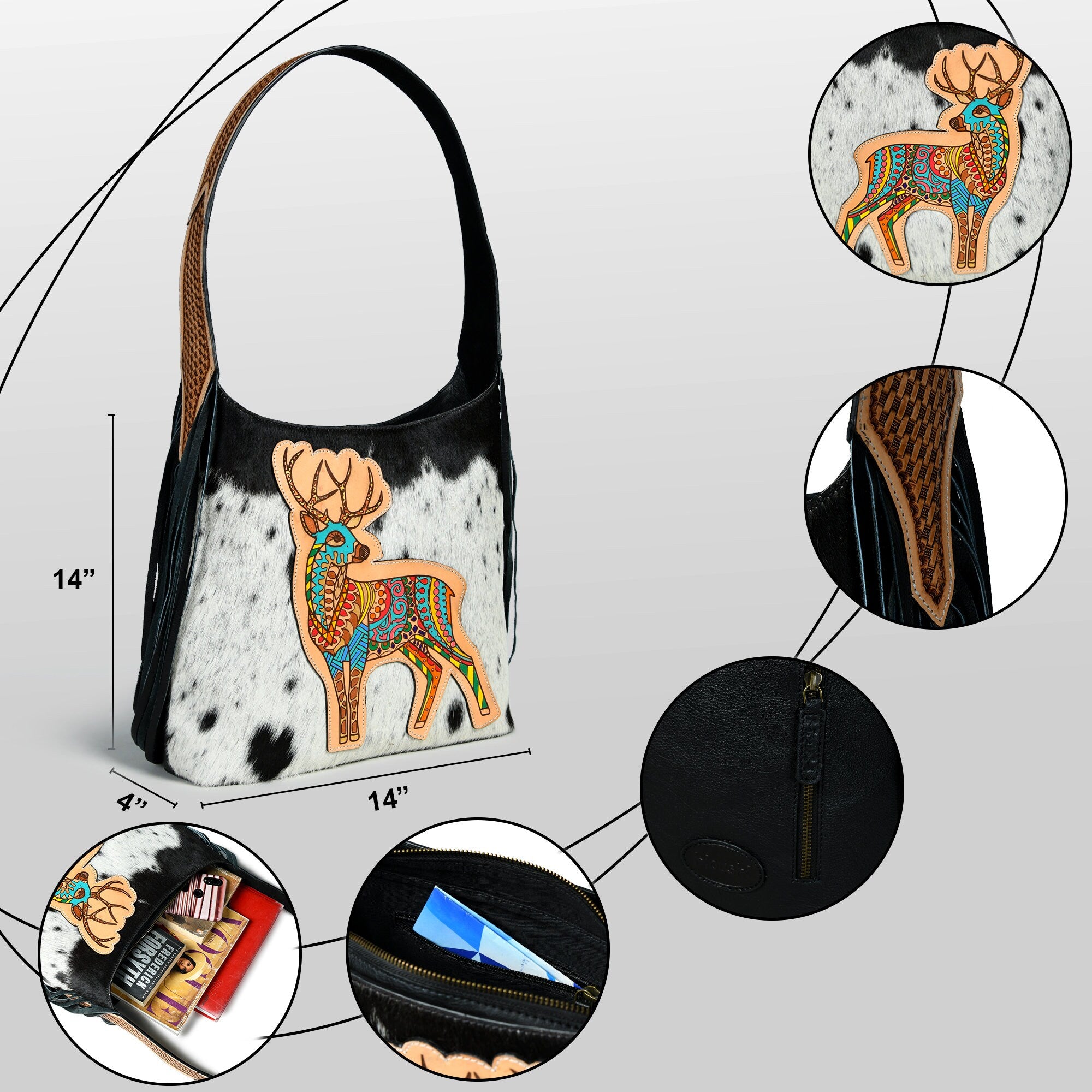MOUSM Genuine Cowhide Leather Shoulder Bag for Women - Colorful Deer Print Patch on Real Hair-On Cow Hide Front with Long Black Leather Fringe Both Sides, High-Quality Zipper Closure