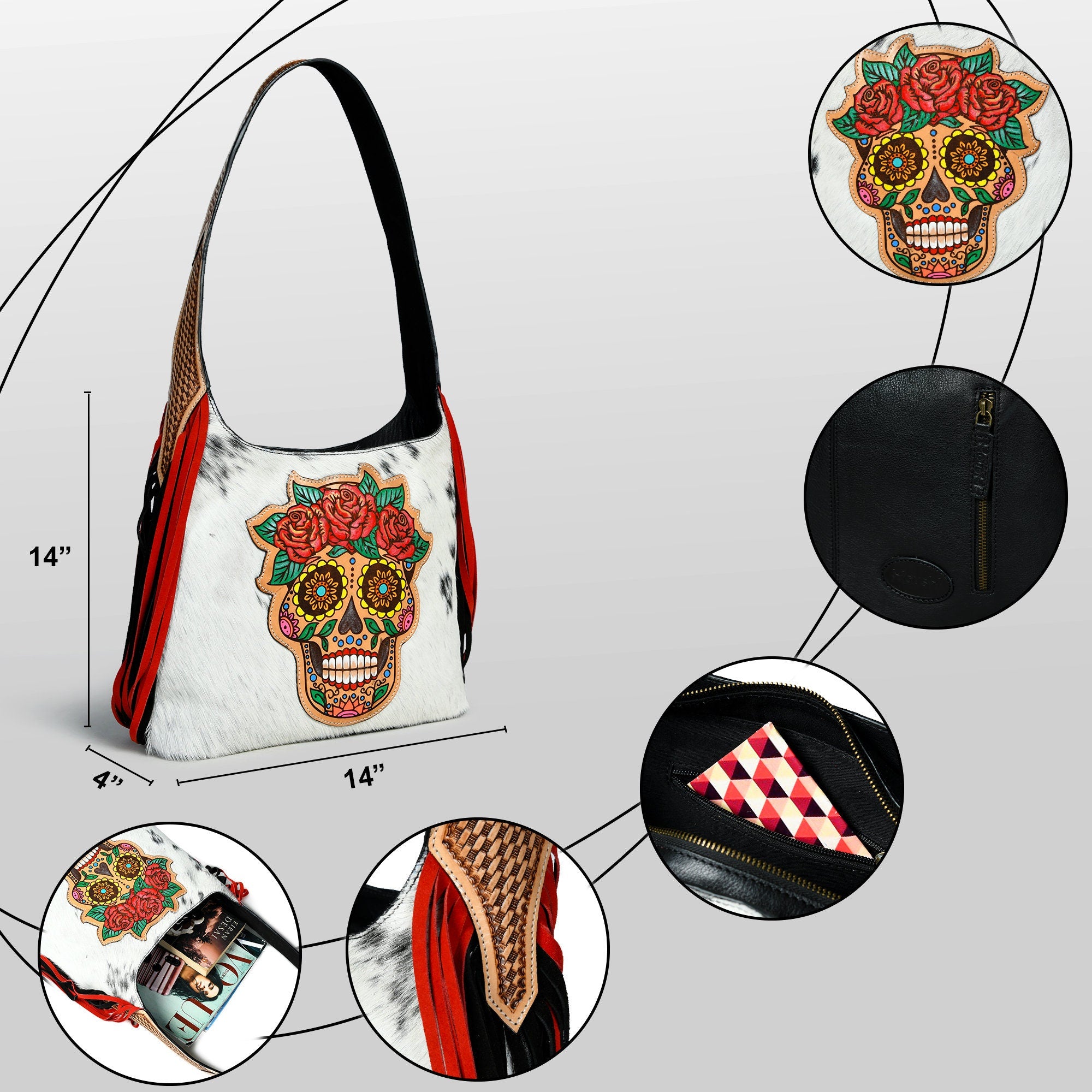 MOUSM Genuine Cow Hide Leather Shoulder Bag for Women - Decorated with Hand-Painted Sugar- Skull Leather Patch on Real Hair-On Cow Hide Front with Red-Black Fringe, High-Quality Zipper Closure