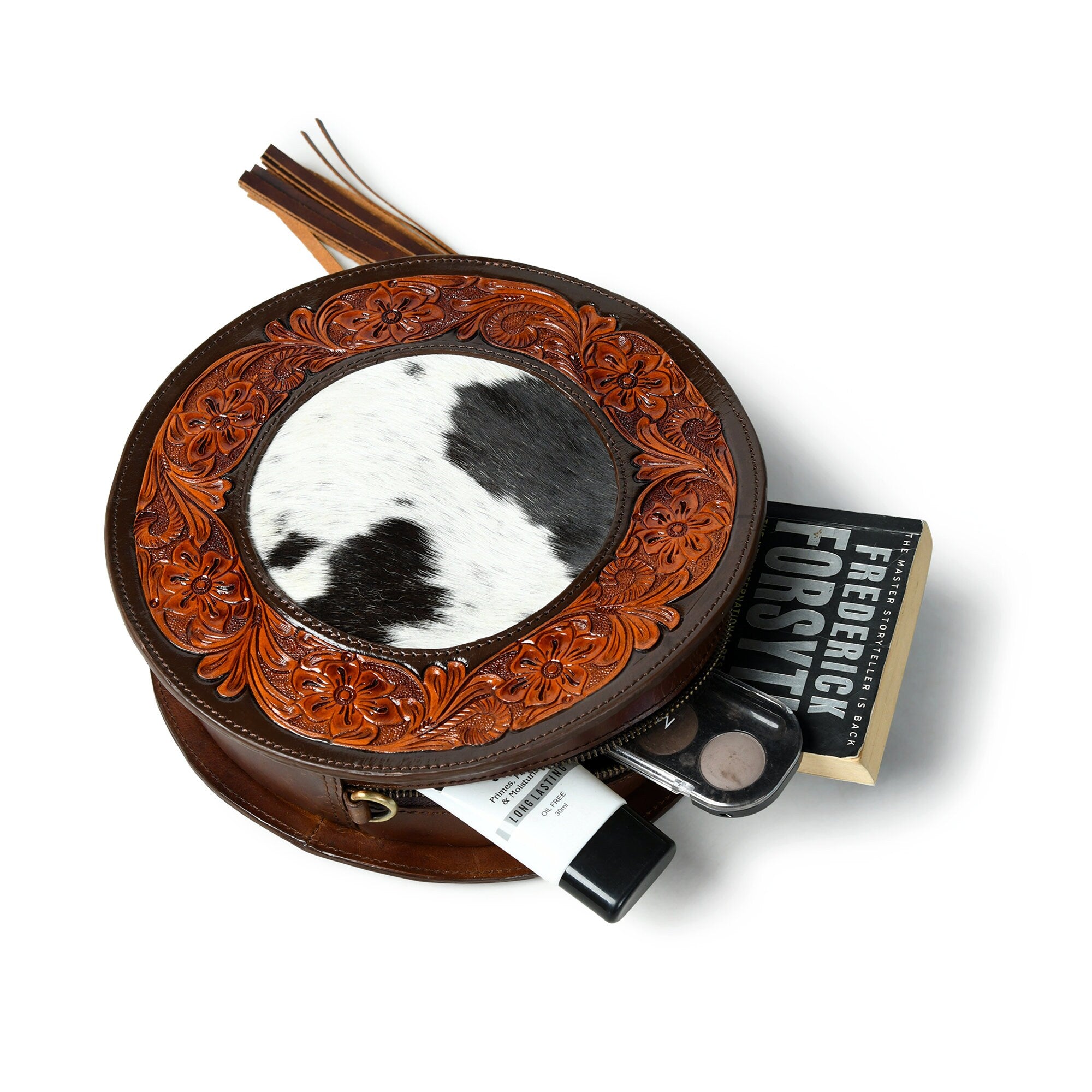 MOUSM Genuine Leather Crossbody Bag for Women - Small Round Ladies Bag with Hand-Tooled Floral Border on Real Hair-On Cow Hide Front with Detachable Fringe, High-Quality Zipper Closure with Removable and Adjustable Strap