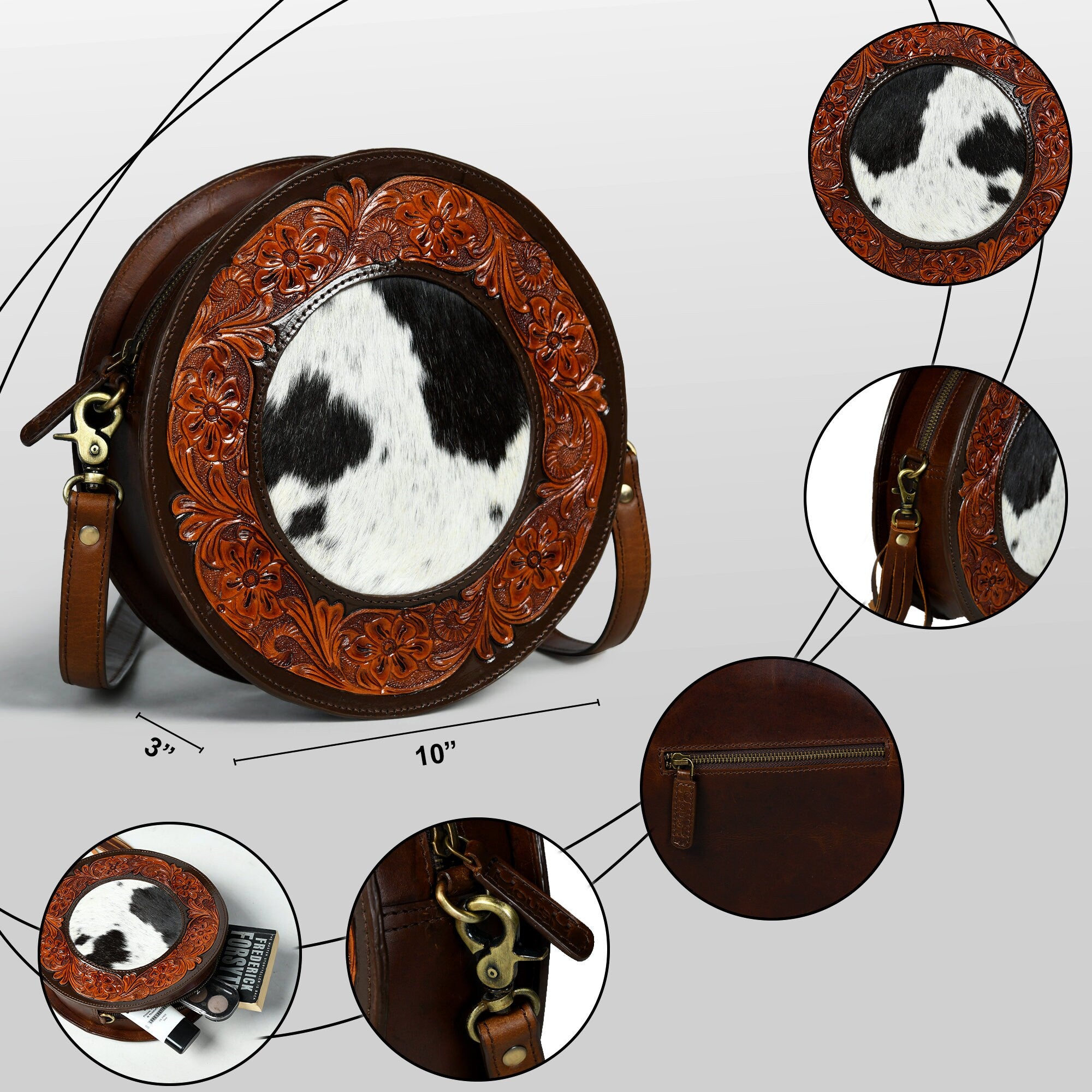 MOUSM Genuine Leather Crossbody Bag for Women - Small Round Ladies Bag with Hand-Tooled Floral Border on Real Hair-On Cow Hide Front with Detachable Fringe, High-Quality Zipper Closure with Removable and Adjustable Strap