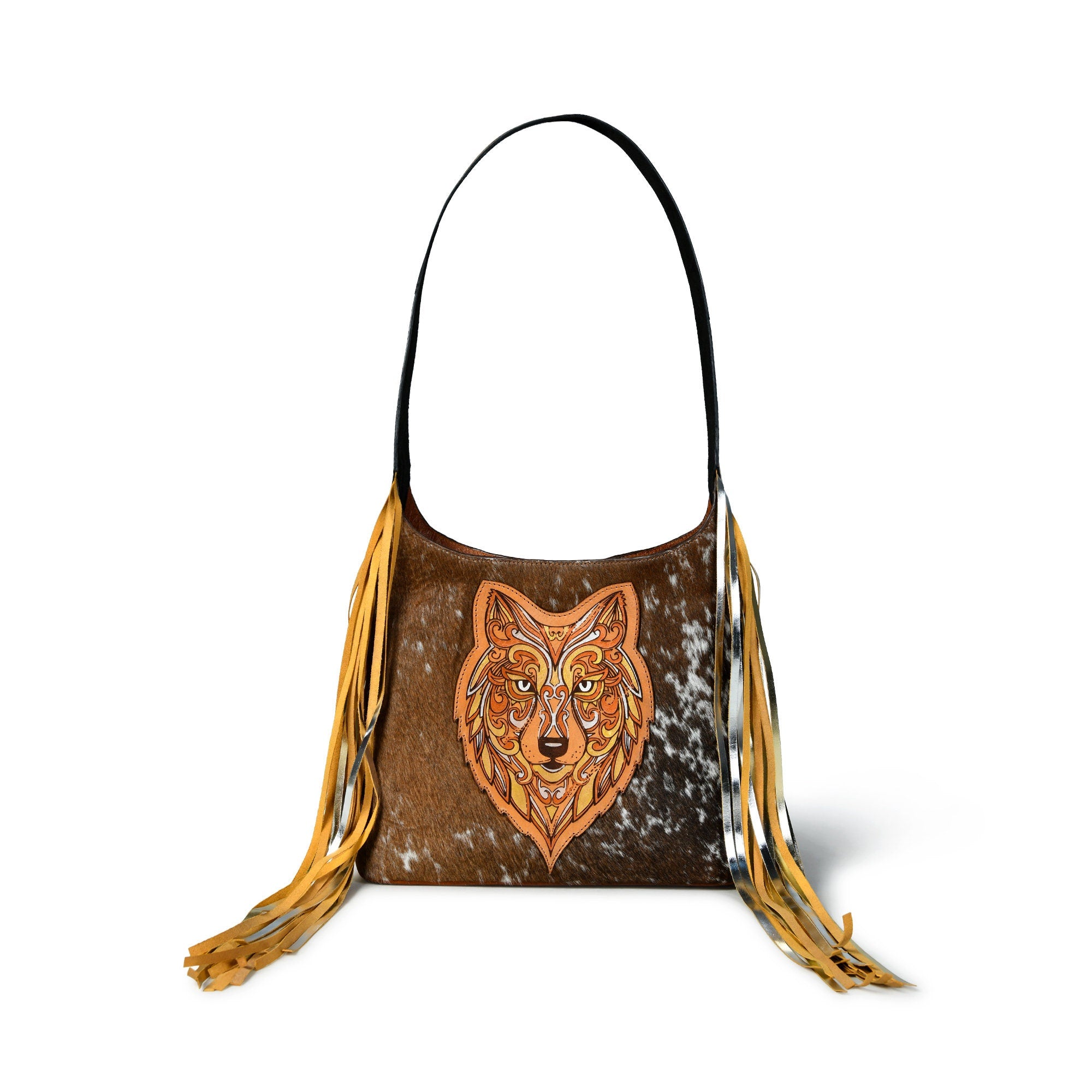 MOUSM Genuine Cow Hide Leather Shoulder Bag for Women - Wolf Doodle Art Patch with Golden-Silver-Bronze Metallic Paint on Real Hair-On Cow Hide Front & Fringe on Both Sides, High-Quality Zipper Closure