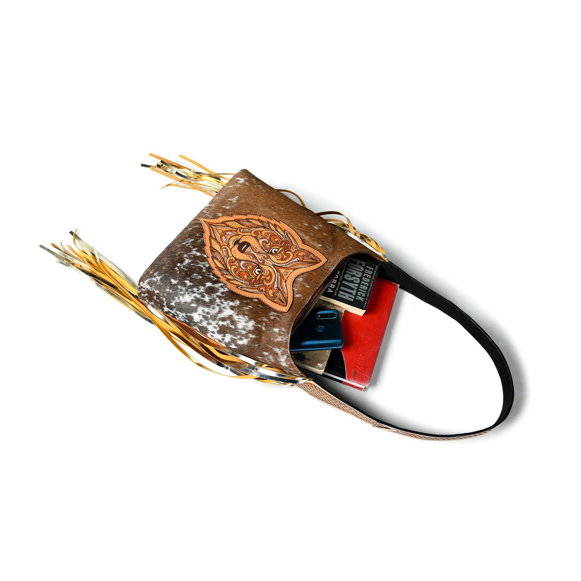 MOUSM Genuine Cow Hide Leather Shoulder Bag for Women - Wolf Doodle Art Patch with Golden-Silver-Bronze Metallic Paint on Real Hair-On Cow Hide Front & Fringe on Both Sides, High-Quality Zipper Closure
