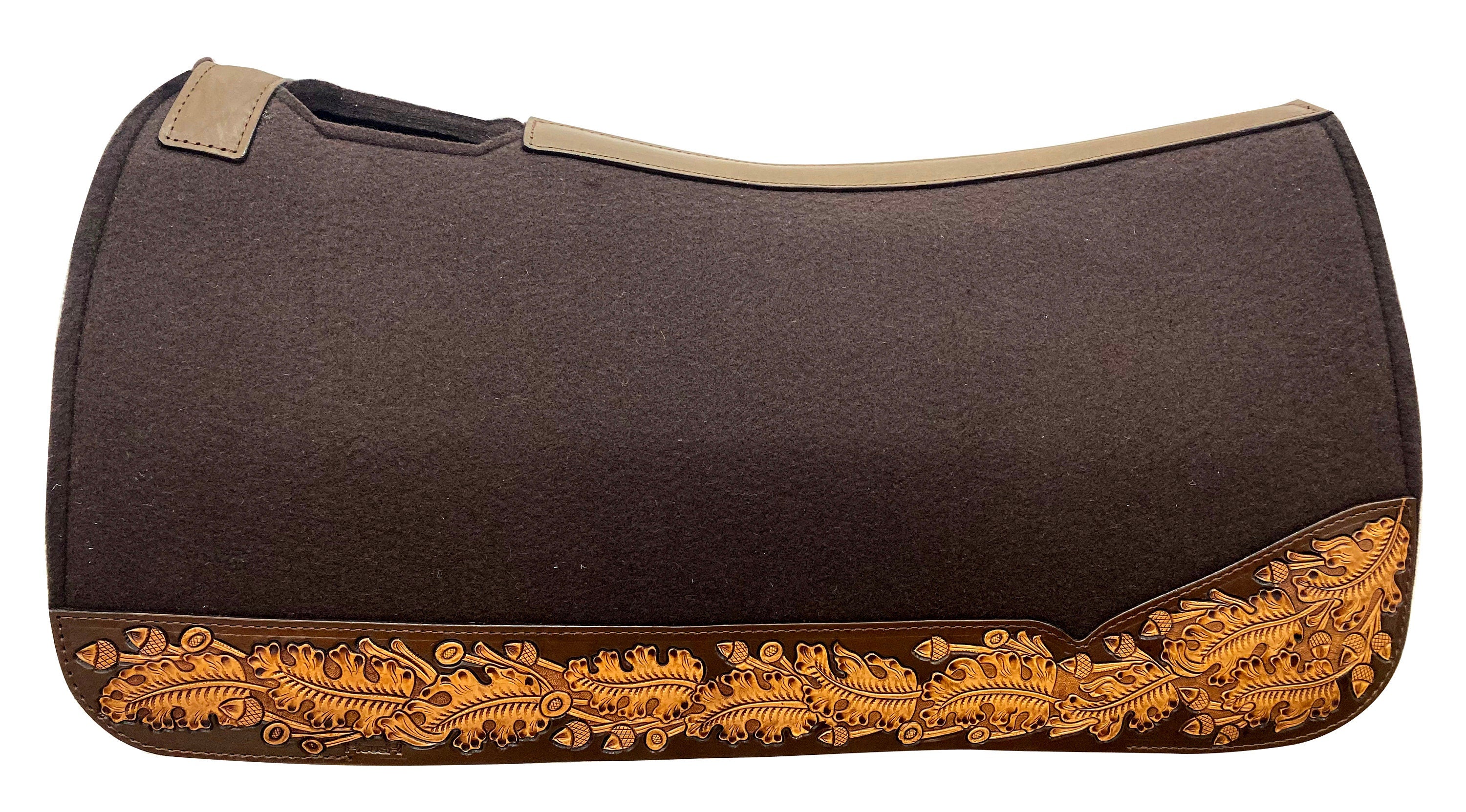 MOUSM Western Saddle Pad - Saddle Pad for Horses Synthetic Wool Blend Brown Felt with Hand-Tooled Oak Leaf Carving on Real Cow Hide Leather, Comfortable Saddle Pads