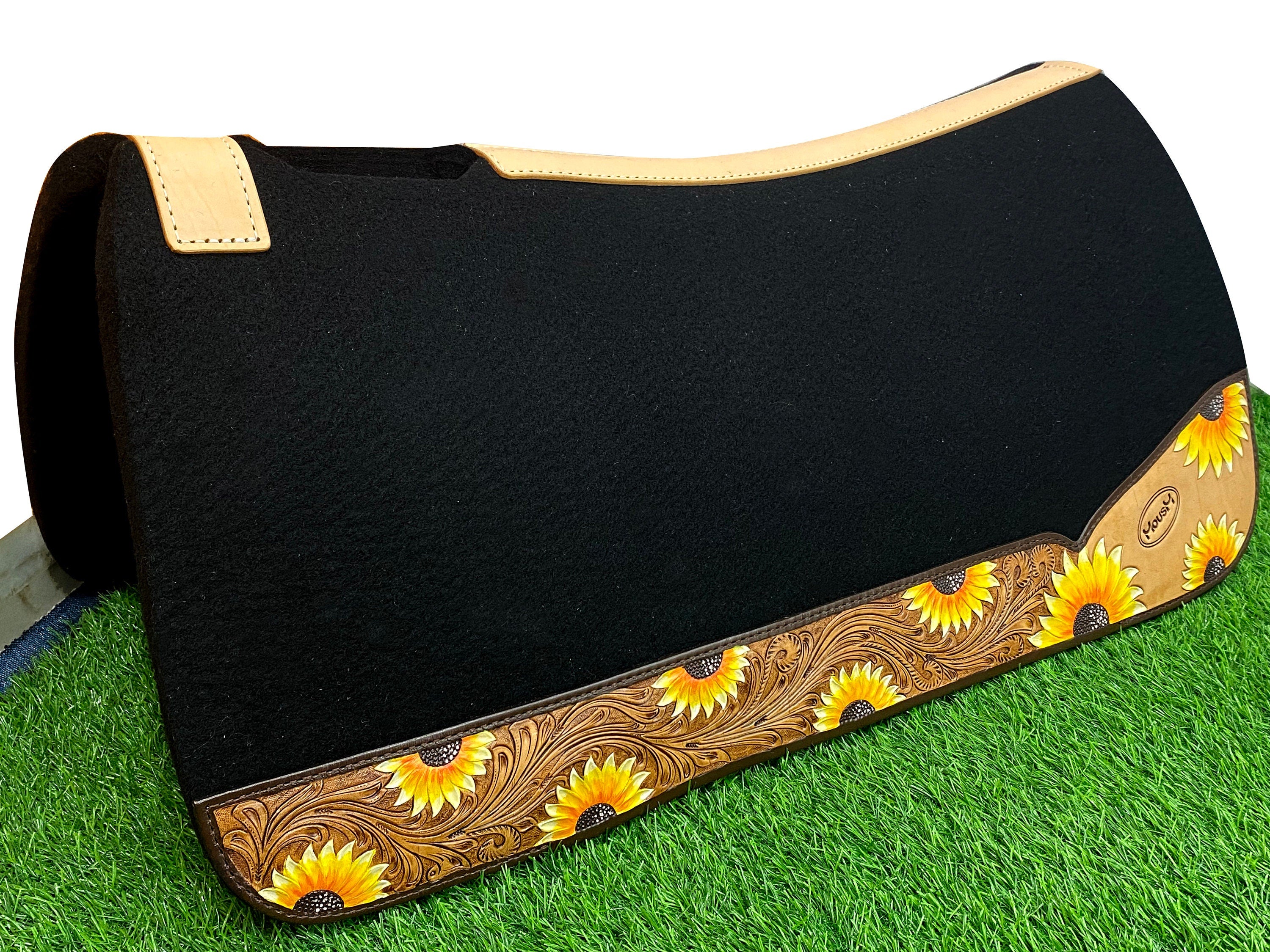MOUSM Western Saddle Pad - Saddle Pad for Horses Synthetic Wool Blend Black Felt with Hand-Tooled & Painted Sunflower Carving on Real Cow Hide Leather, Comfortable Horse Riding Pad