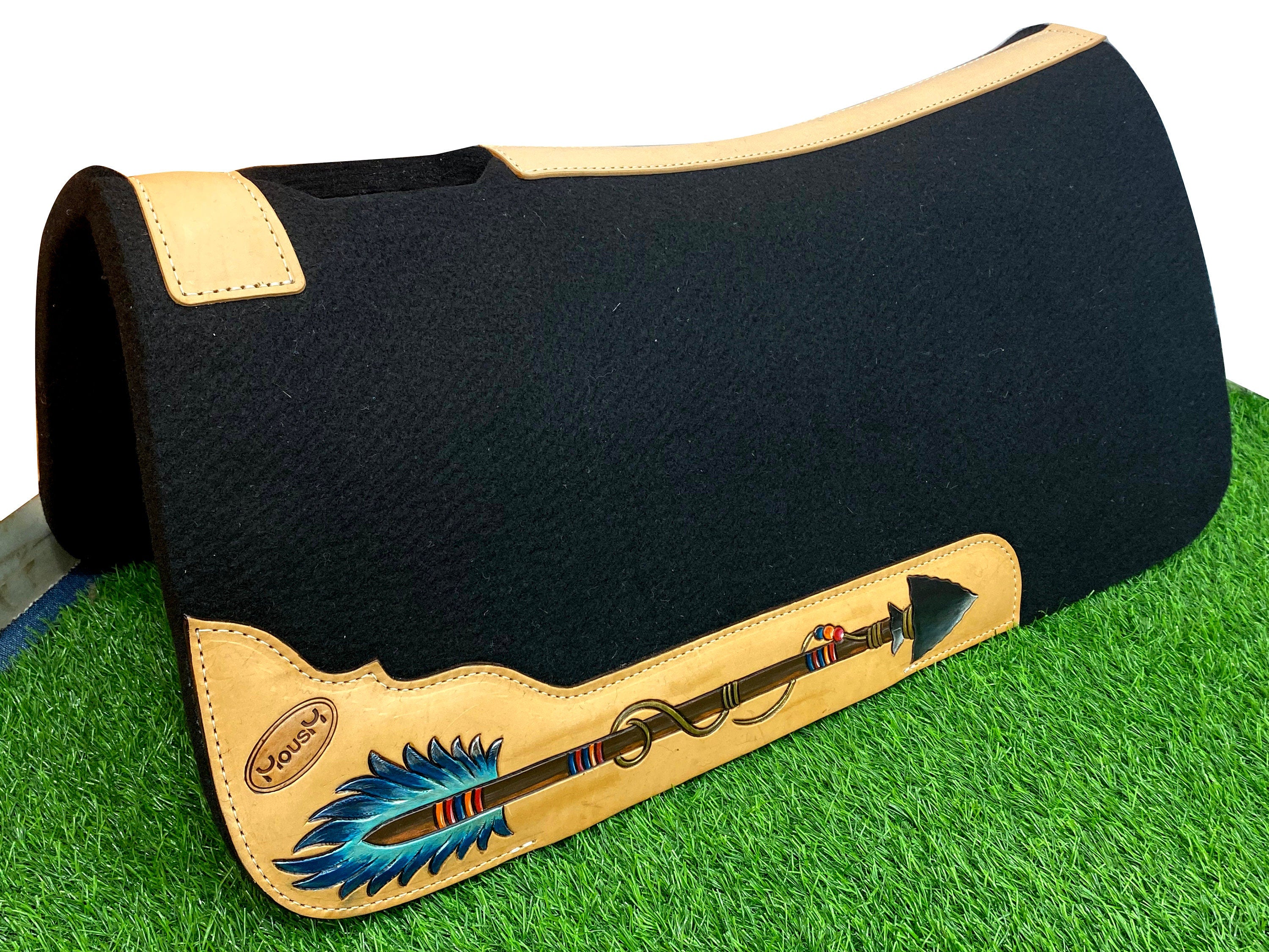 MOUSM Western Saddle Pad - Saddle Pad for Horse Synthetic Wool Blend Black Felt with Hand-Tooled Native Arrow Design on Real Cow Hide Leather, Comfortable Horse Riding Pad