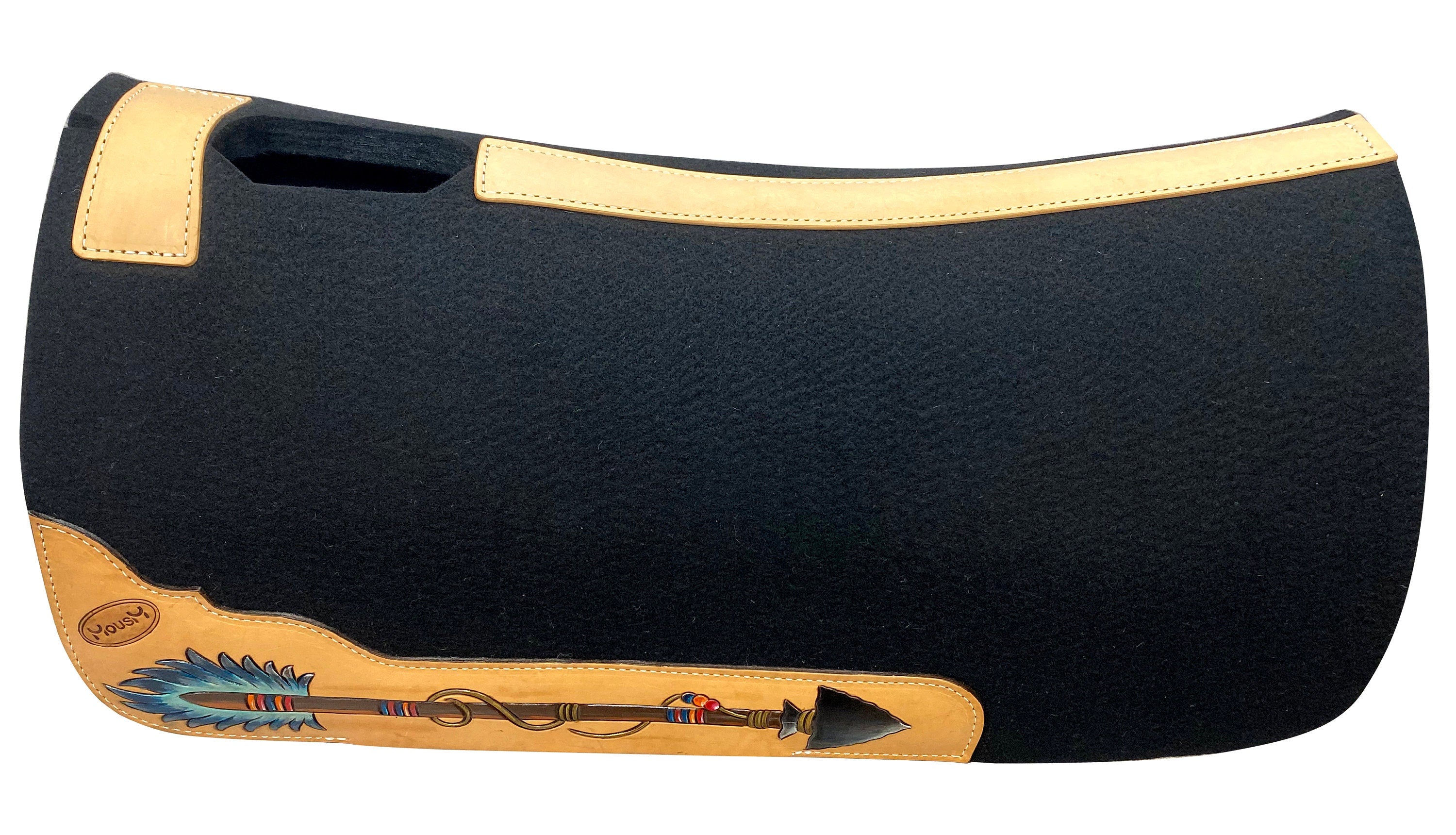 MOUSM Western Saddle Pad - Saddle Pad for Horse Synthetic Wool Blend Black Felt with Hand-Tooled Native Arrow Design on Real Cow Hide Leather, Comfortable Horse Riding Pad