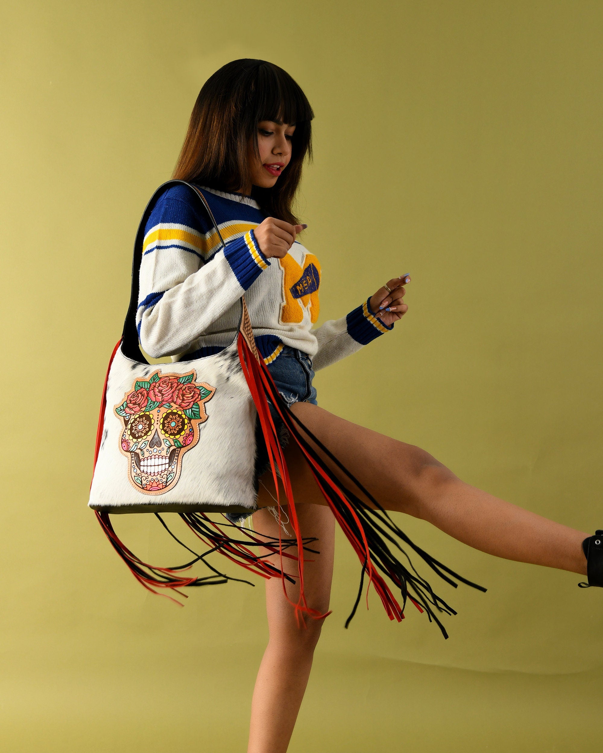 MOUSM Genuine Cow Hide Leather Shoulder Bag for Women - Decorated with Hand-Painted Sugar- Skull Leather Patch on Real Hair-On Cow Hide Front with Red-Black Fringe, High-Quality Zipper Closure