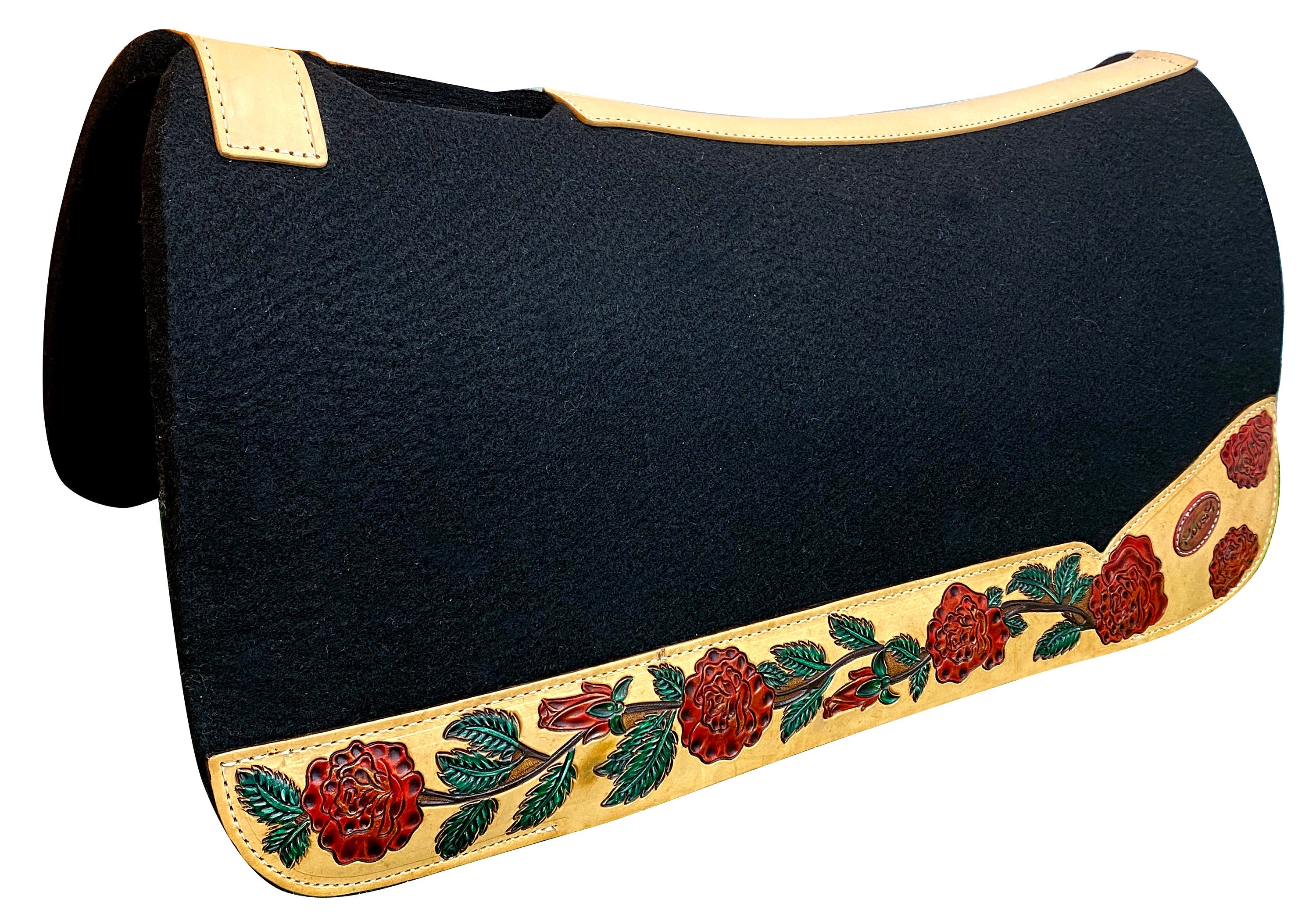 MOUSM Western Saddle Pad - Saddle Pad for Horse Synthetic Wool Blend Black Felt with Hand-Tooled Red Rose and Green Leaves Craving on Real Cow Hide Leather, Super Comfortable Horse Riding Pad