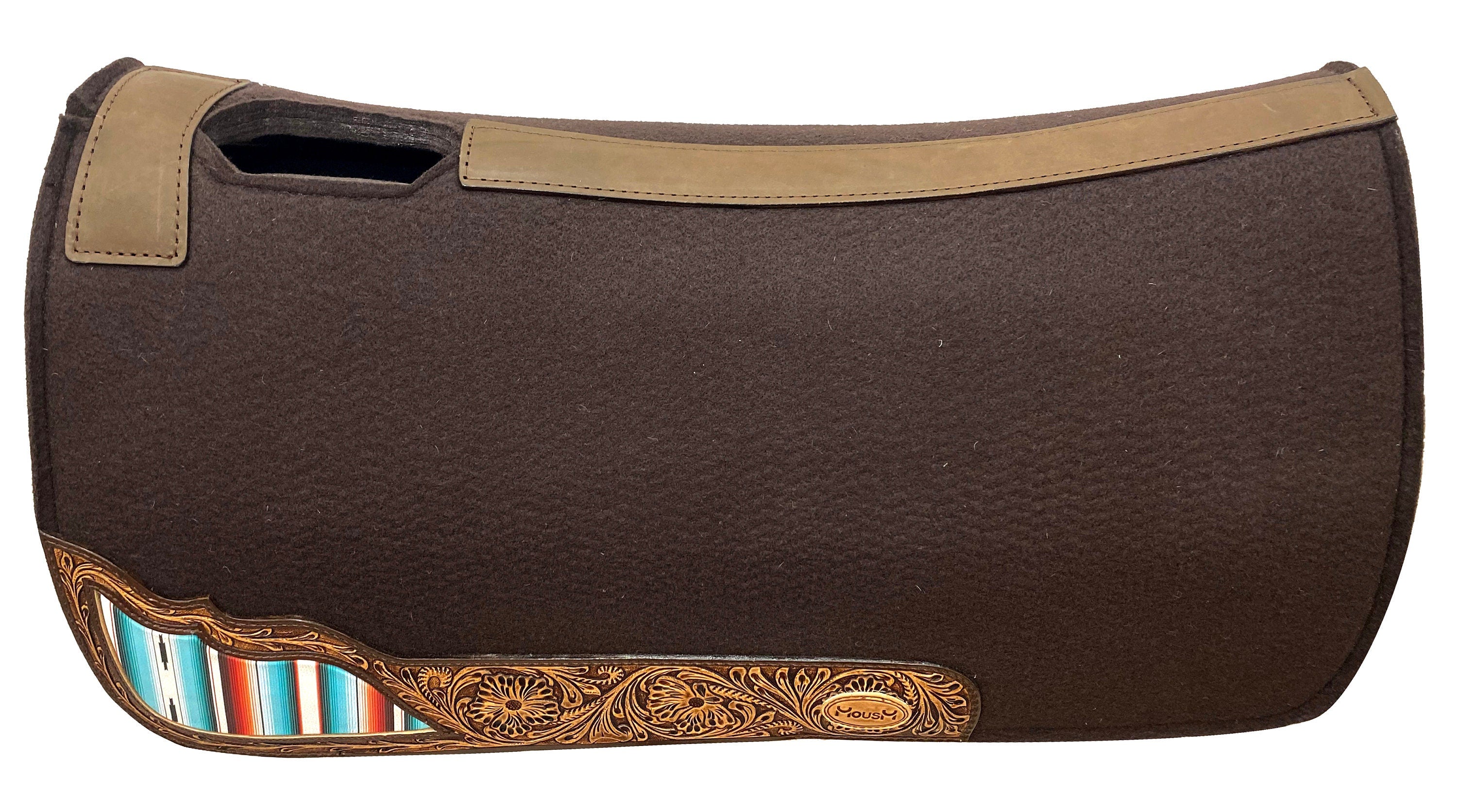 MOUSM Western Saddle Pad - Saddle Pad for Horse Synthetic Wool Blend Black Felt with Reinforced Spine with Hand-Tooled Leather & Serape Fabric Inlay, Comfortable Horse Riding Pad