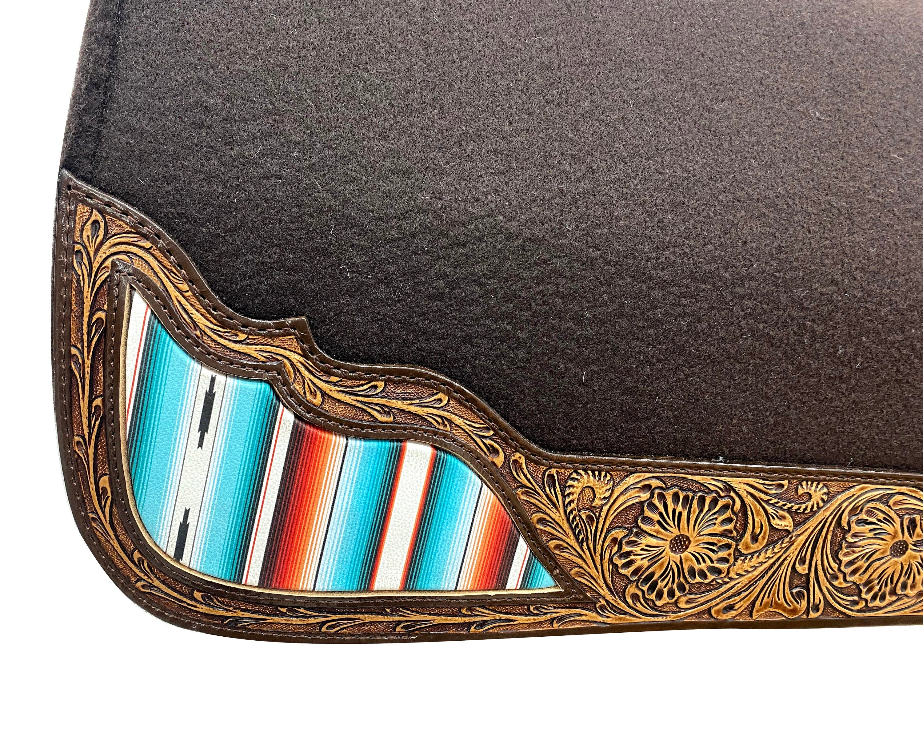 MOUSM Western Saddle Pad - Saddle Pad for Horse Synthetic Wool Blend Black Felt with Reinforced Spine with Hand-Tooled Leather & Serape Fabric Inlay, Comfortable Horse Riding Pad