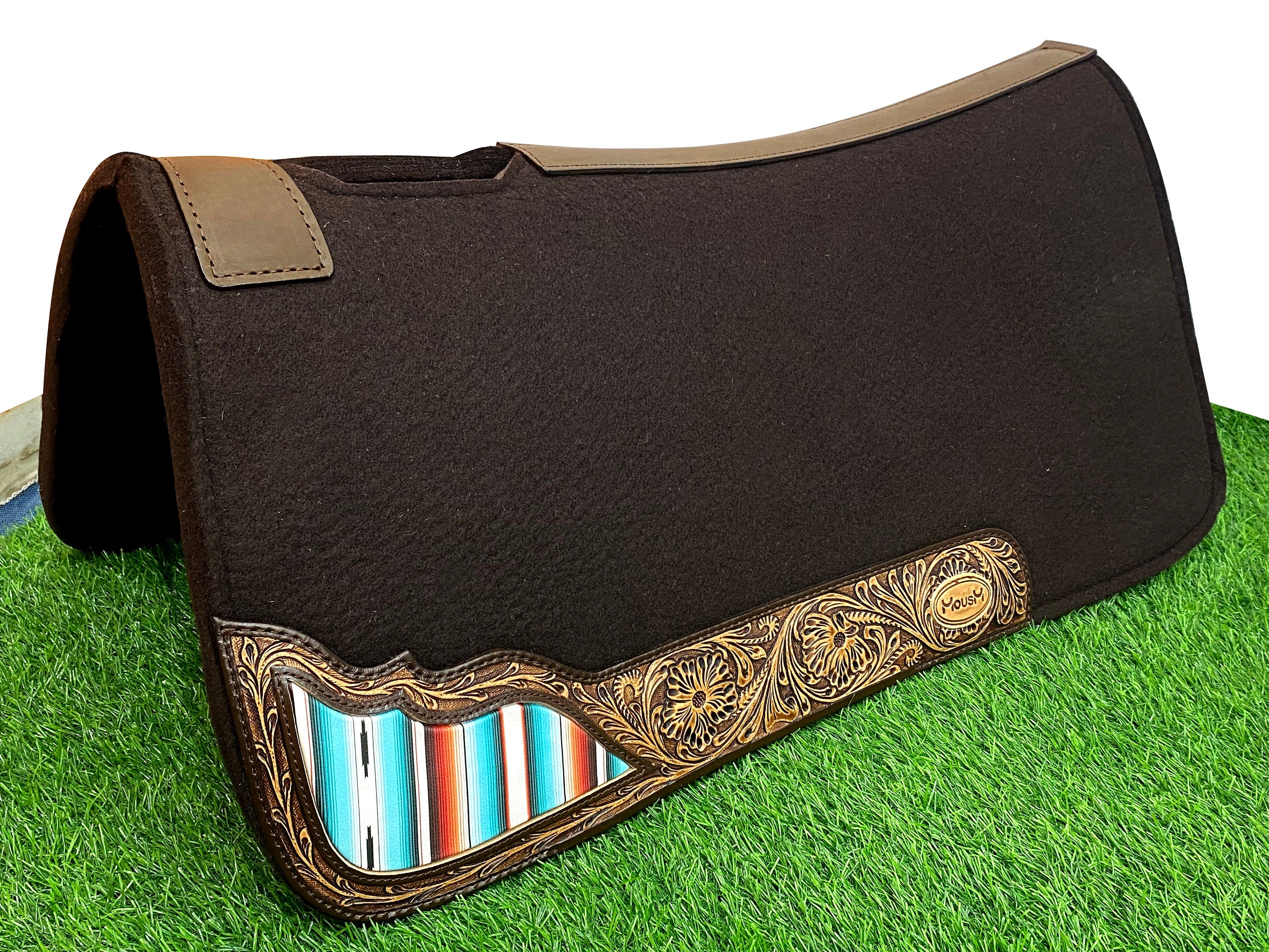 MOUSM Western Saddle Pad - Saddle Pad for Horse Synthetic Wool Blend Black Felt with Reinforced Spine with Hand-Tooled Leather & Serape Fabric Inlay, Comfortable Horse Riding Pad