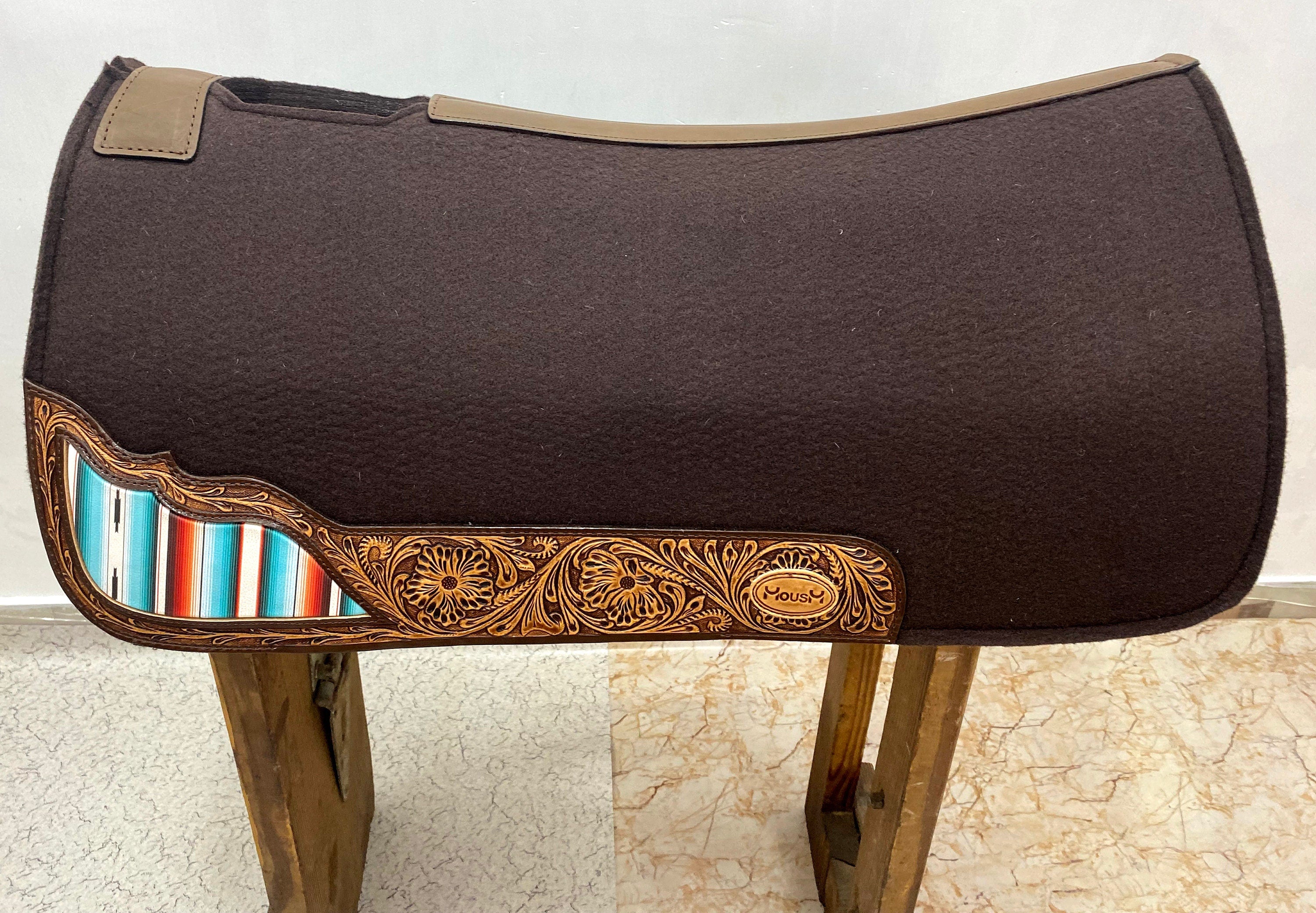 MOUSM Western Saddle Pad - Saddle Pad for Horse Synthetic Wool Blend Black Felt with Reinforced Spine with Hand-Tooled Leather & Serape Fabric Inlay, Comfortable Horse Riding Pad