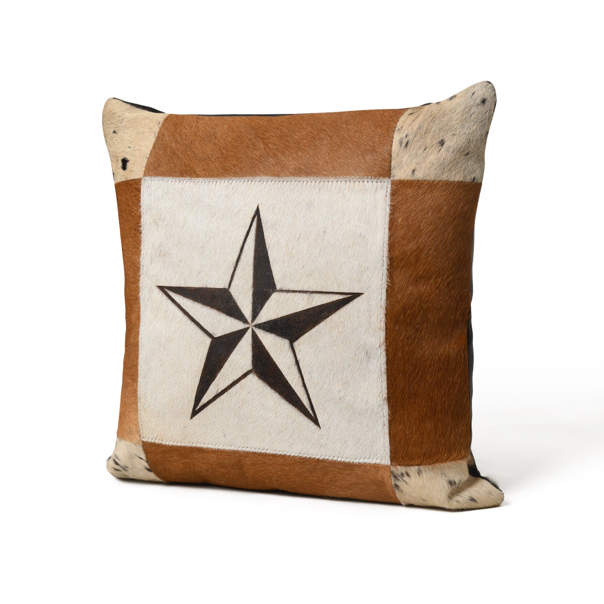 MOUSM Real Cowhide Leather Cushion Cover – 18x18 Inches Hair-On Leather Pillow Cover with Center-Printed Star Design – Designer Throw Pillow Case for Sofa, Couch, Living Room & Bedroom
