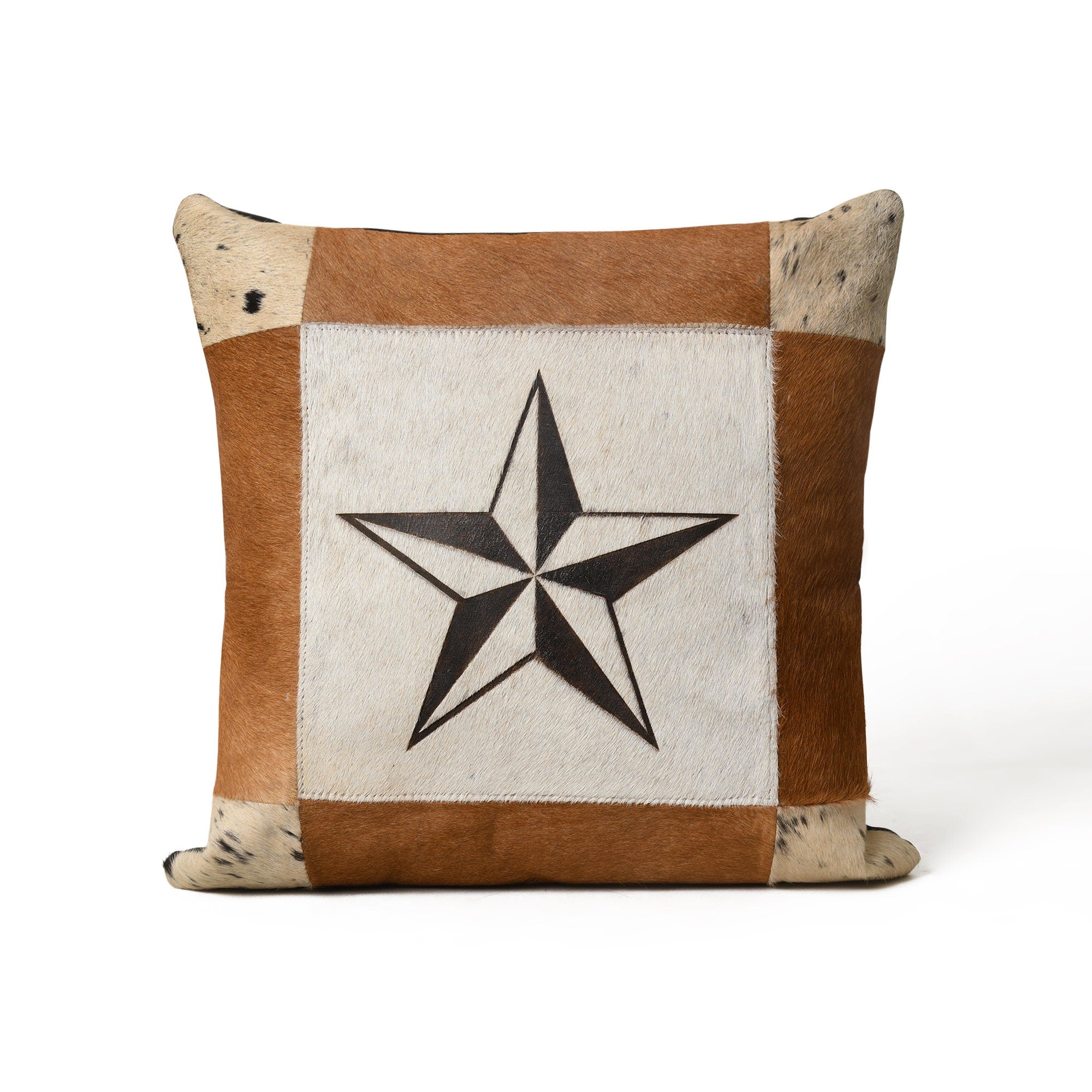 MOUSM Real Cowhide Leather Cushion Cover – 18x18 Inches Hair-On Leather Pillow Cover with Center-Printed Star Design – Designer Throw Pillow Case for Sofa, Couch, Living Room & Bedroom