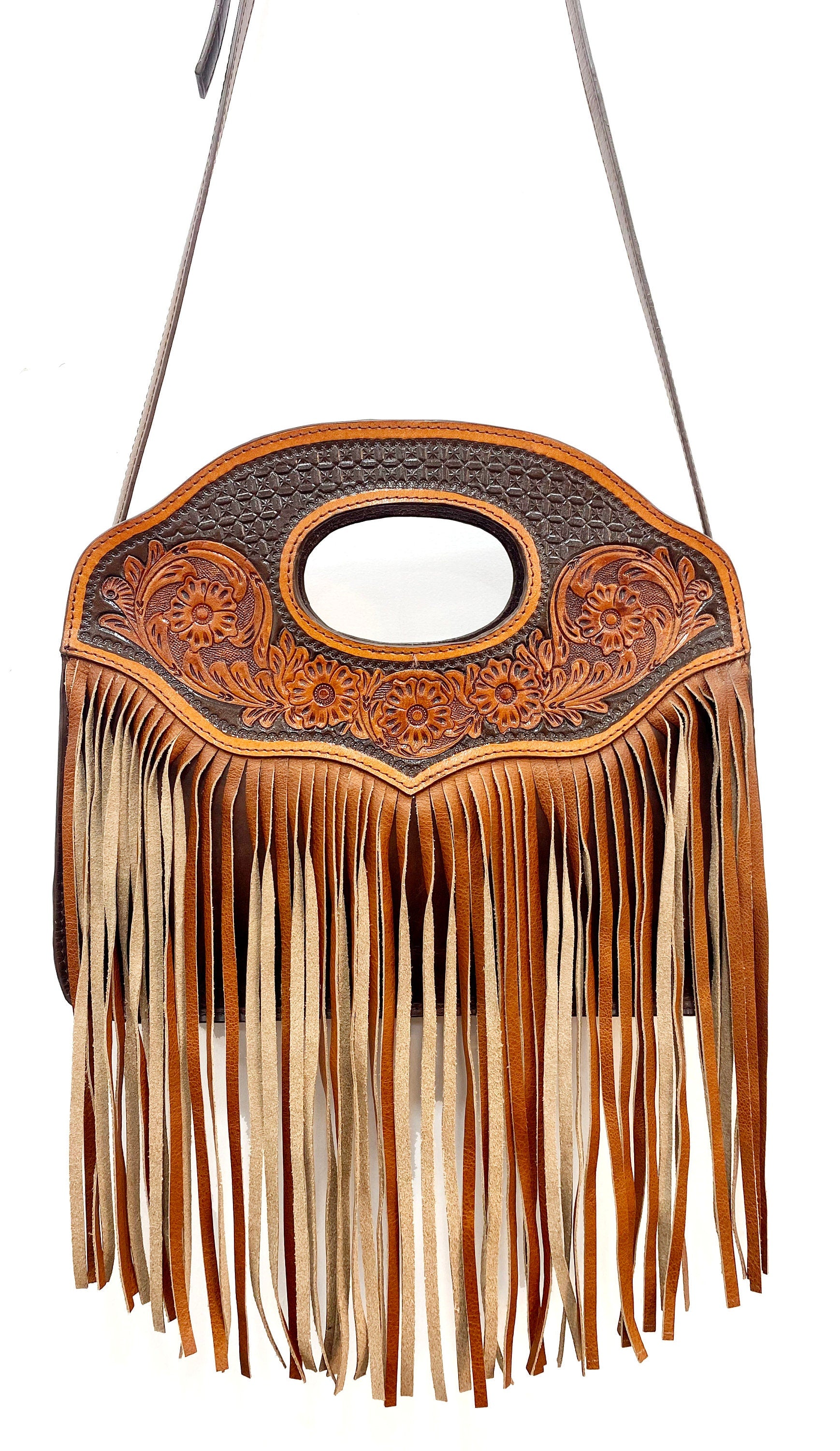 MOUSM Genuine Argentina Cow Leather Crossbody Bag - Tassel Bag Decorated with Hand-Tooled Flower Carving with Leather Fringe, High-Quality Zipper Closure with Adjustable Strap