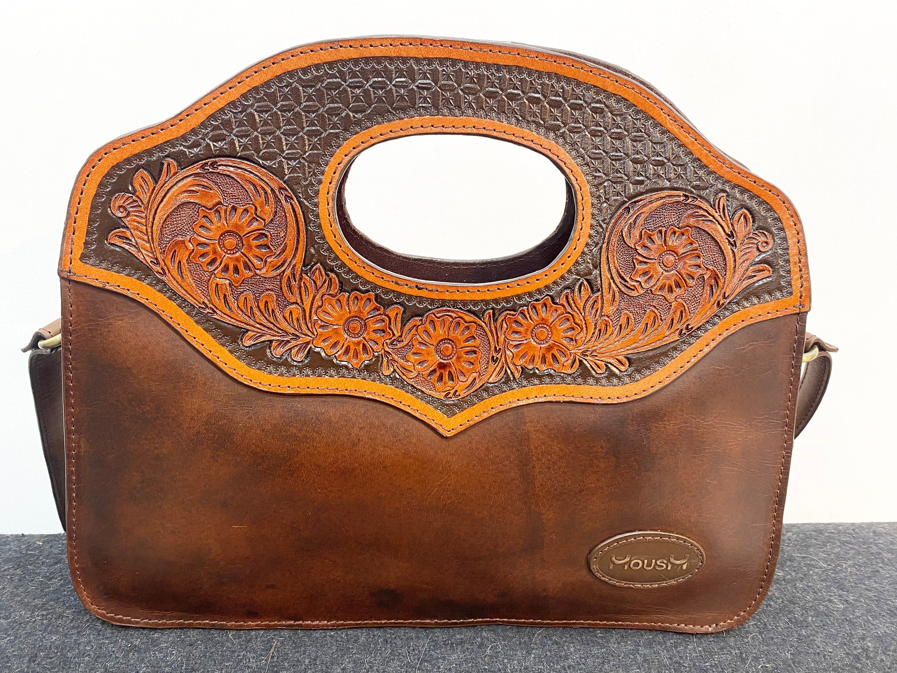 MOUSM Genuine Argentina Cow Leather Crossbody Bag - Tassel Bag Decorated with Hand-Tooled Flower Carving with Leather Fringe, High-Quality Zipper Closure with Adjustable Strap