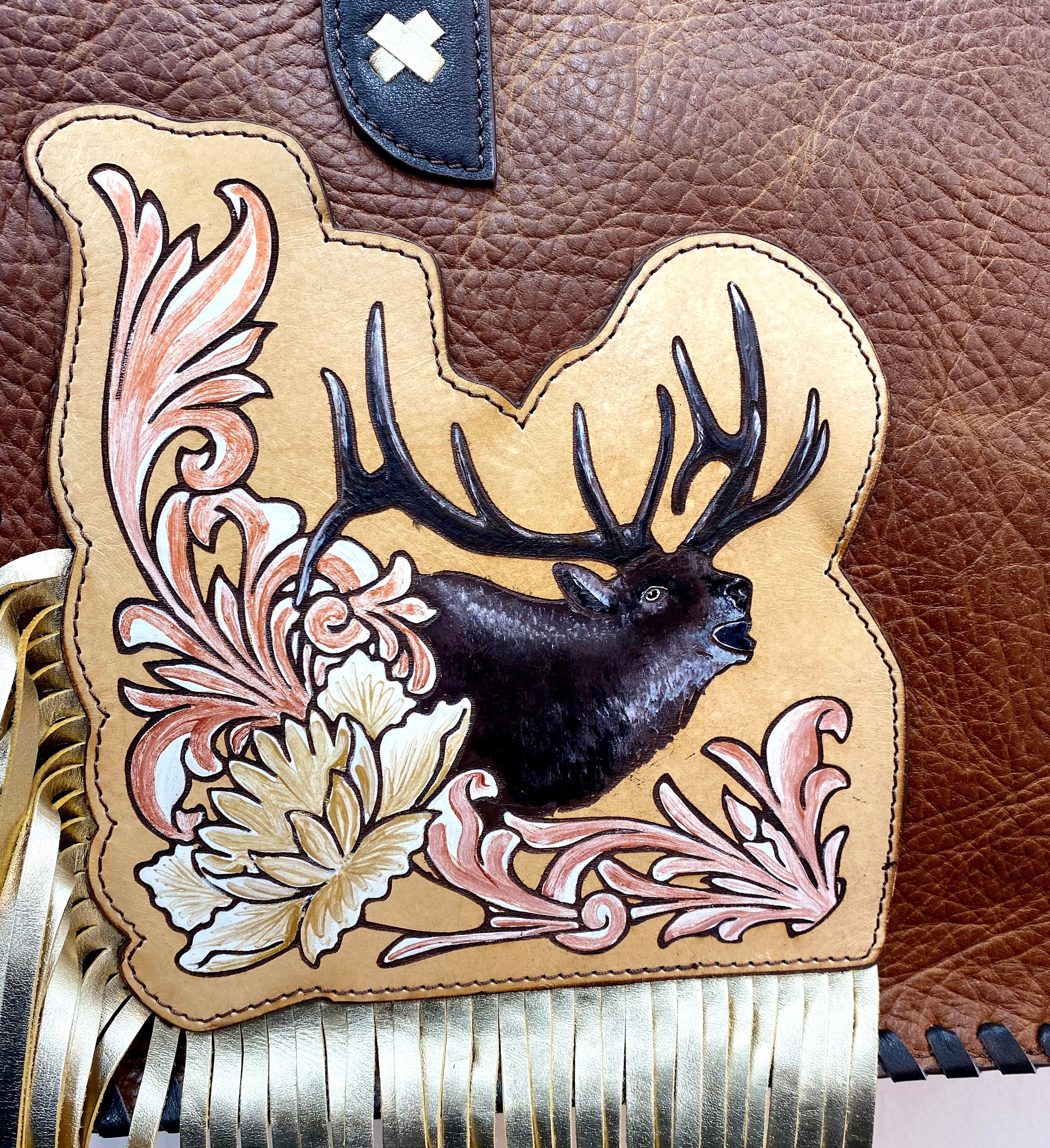 MOUSM Genuine Cow Hide Leather Tote Bag for Women - Handbag Decorated with Hand-Painted Long Horn Stag & Flower Carving Patch with Metallic Gold Fringe, High-Quality Zipper Closure