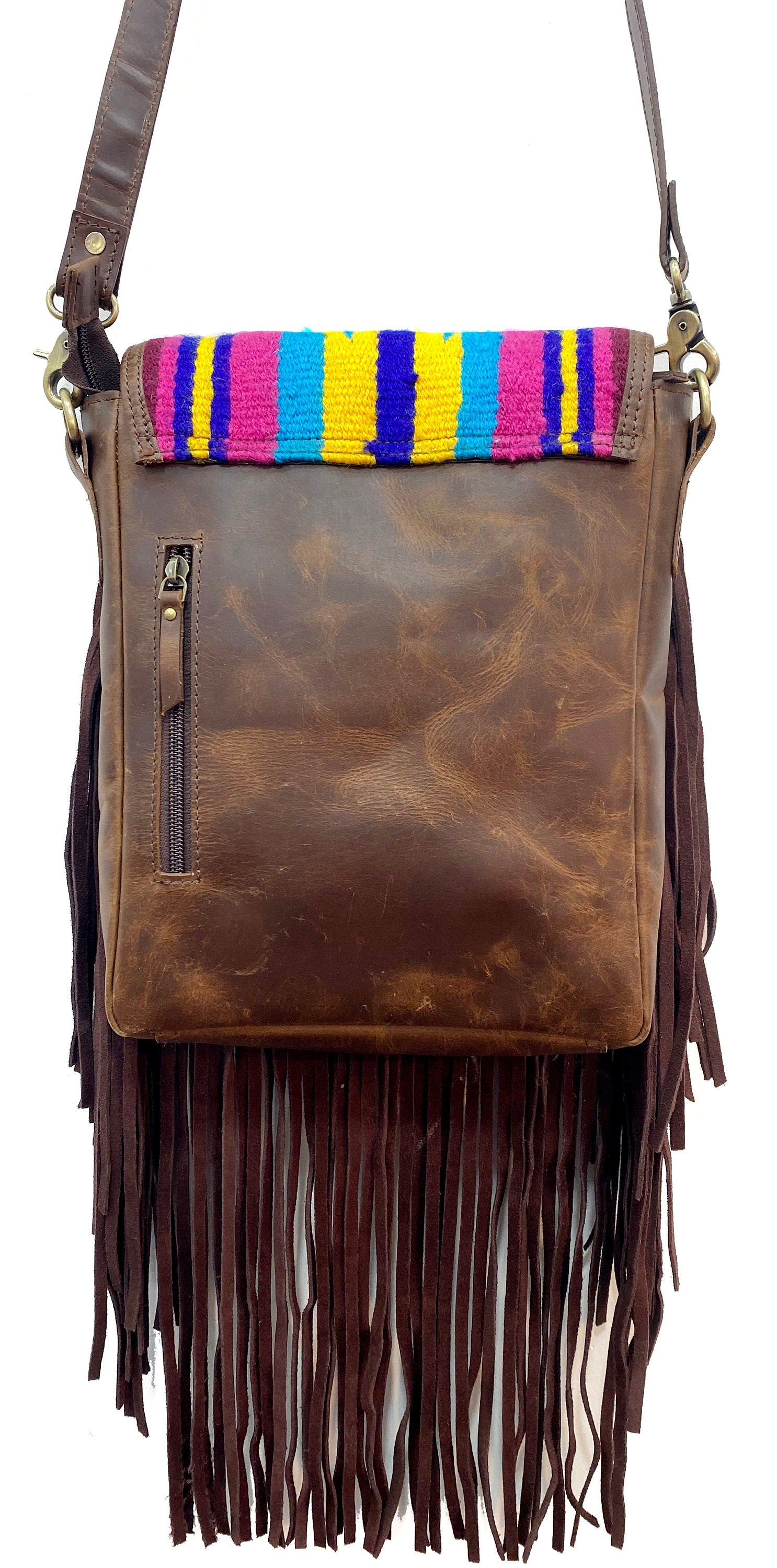 MOUSM Bohemian Leather Crossbody Bag for Women – Southwestern Pattern Mohair Blanket, Leather Fringe, Magnetic Closure, Adjustable Strap – Western Style Shoulder Purse