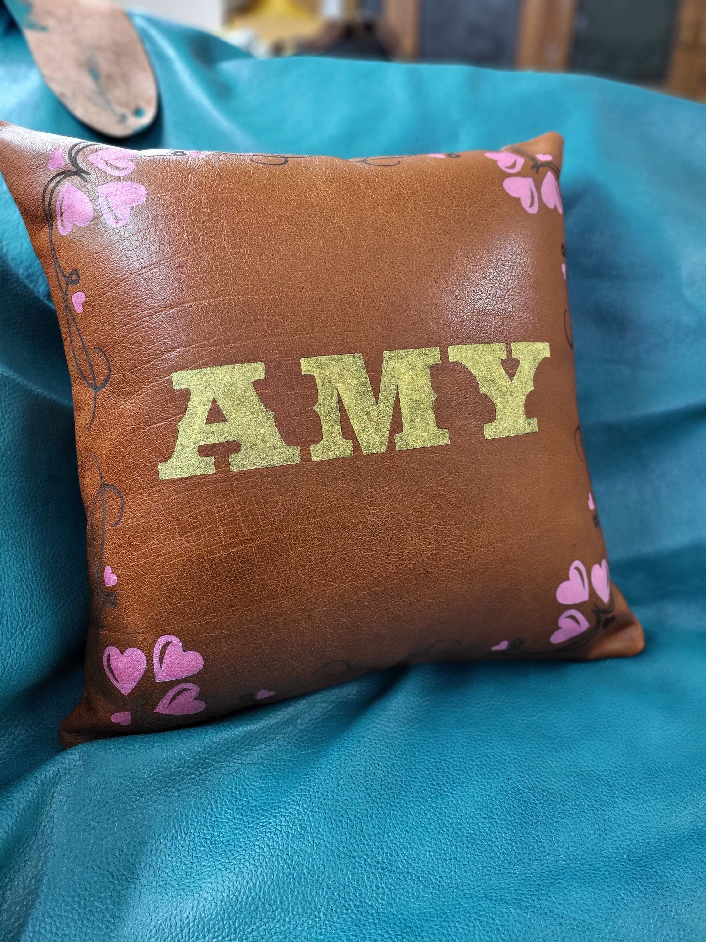 MOUSM Personalized Name Leather Pillow Cover with handprinted Love heart, Solid Brown Cushion Cover, Square Pillow Throw, Valentine&