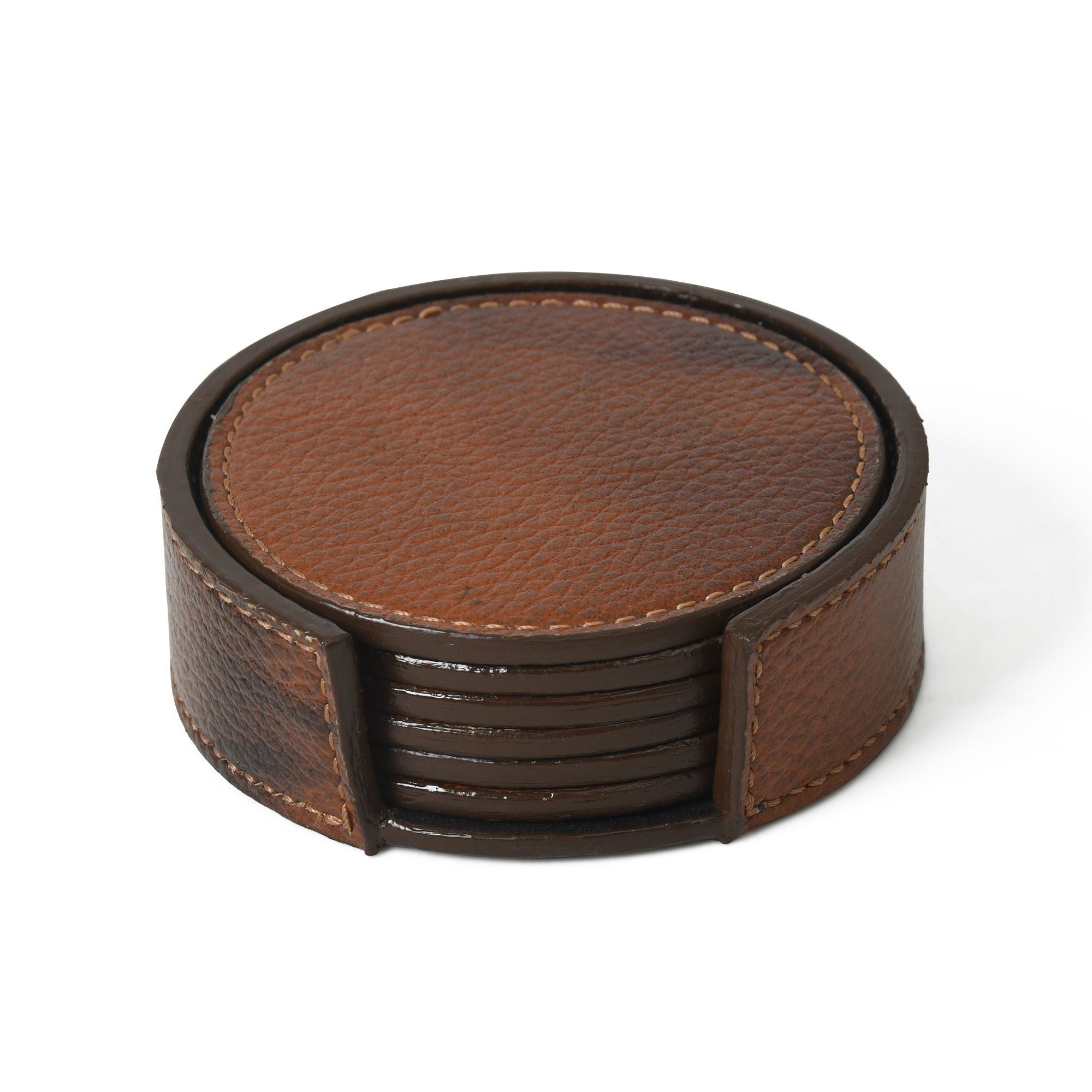 MOUSM Full Grain Top Quality Leather Coasters with Holder - Set of 6 Coasters - Drink and Barware