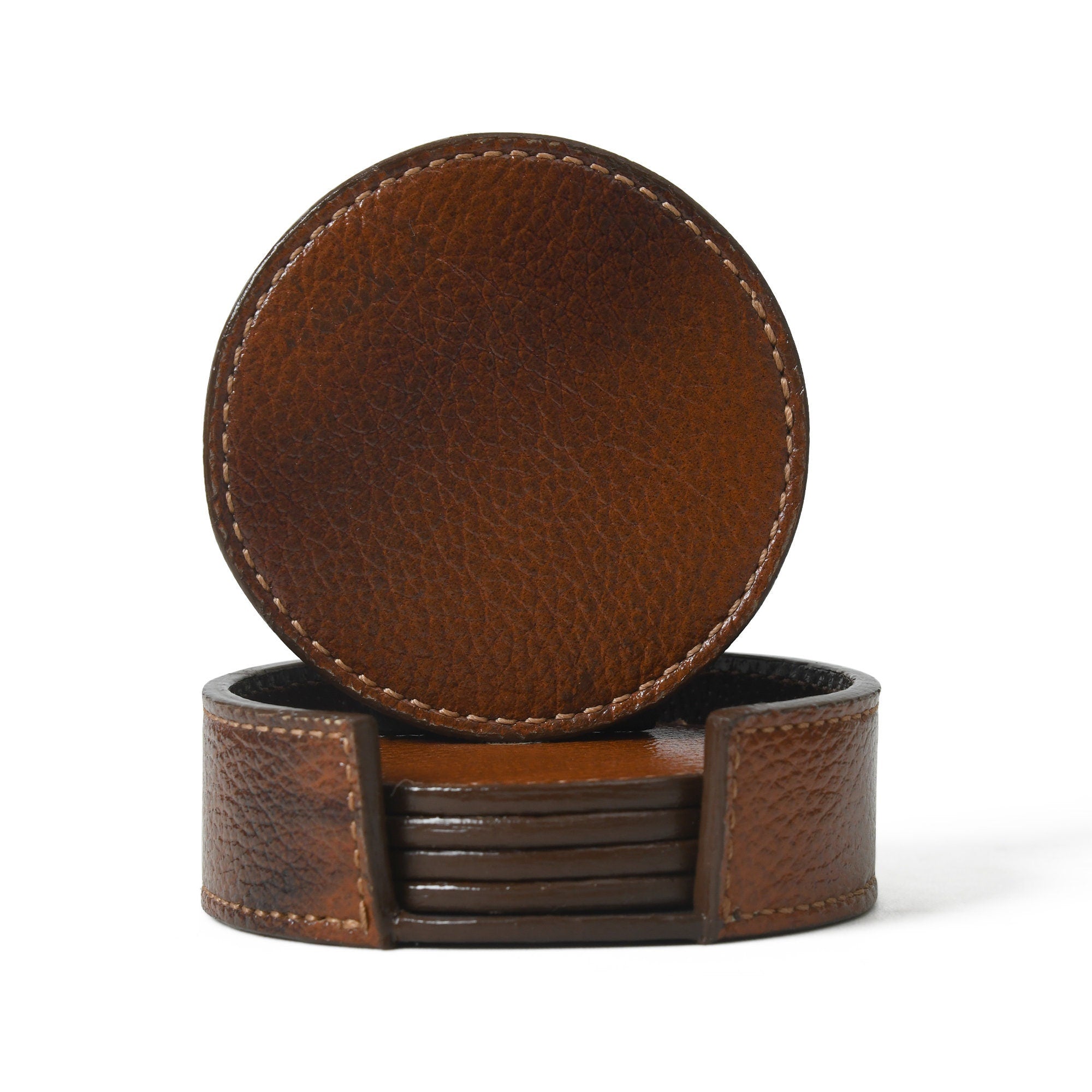 MOUSM Full Grain Top Quality Leather Coasters with Holder - Set of 6 Coasters - Drink and Barware