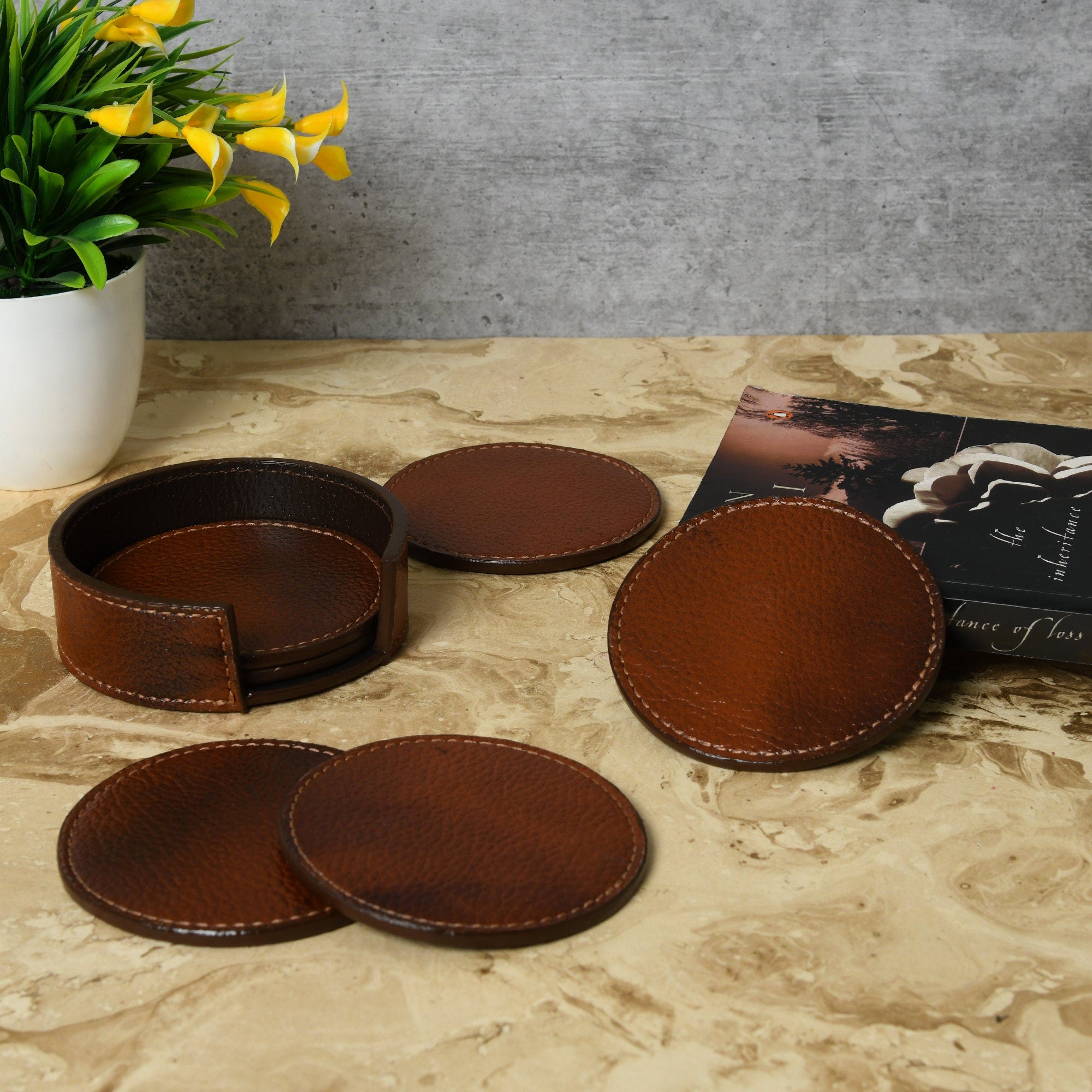 MOUSM Full Grain Top Quality Leather Coasters with Holder - Set of 6 Coasters - Drink and Barware