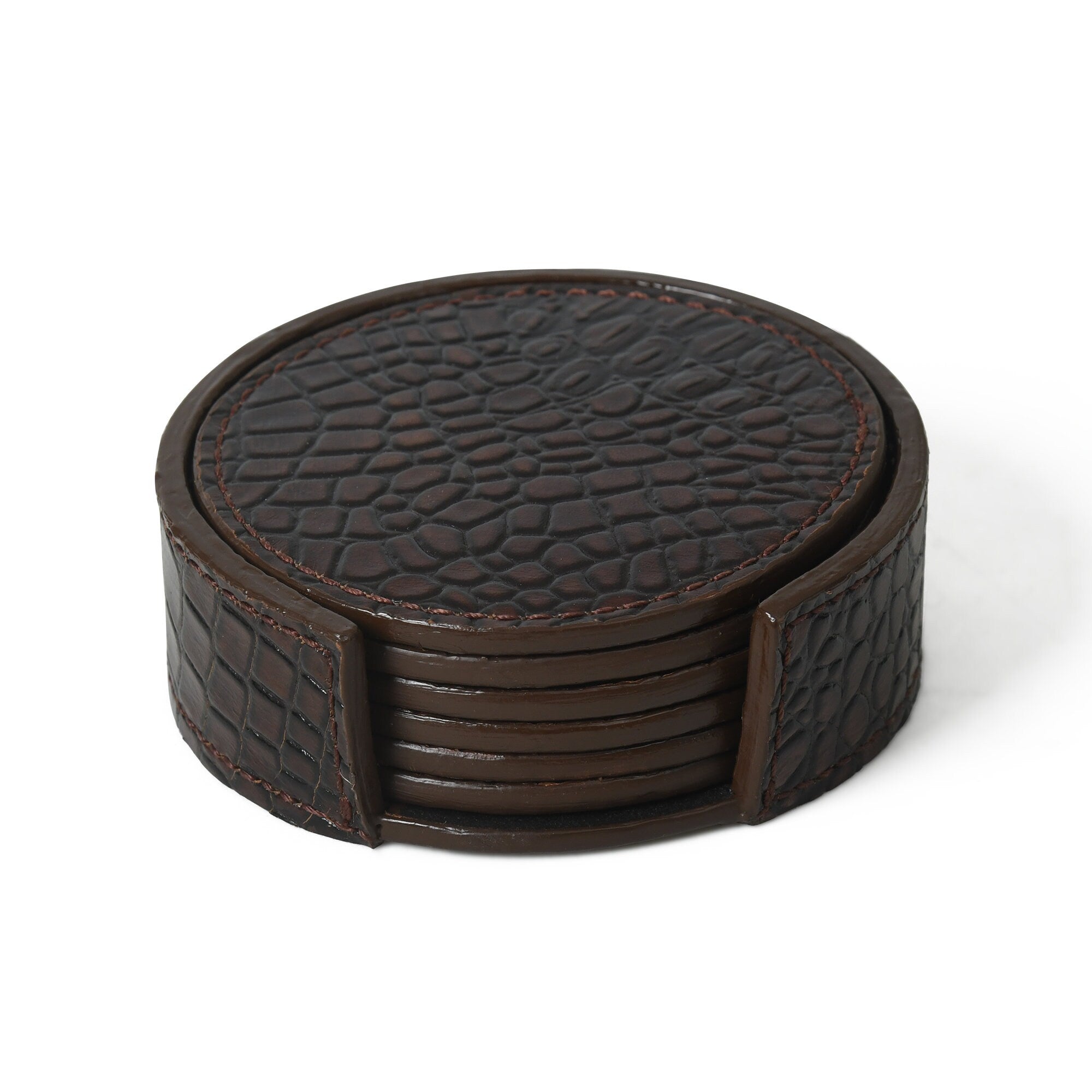 MOUSM 6 Leather Coasters with Holder Set, Whiskey Coasters, Round Leather Coasters, Housewarming Gift, Wedding Gifts Barware