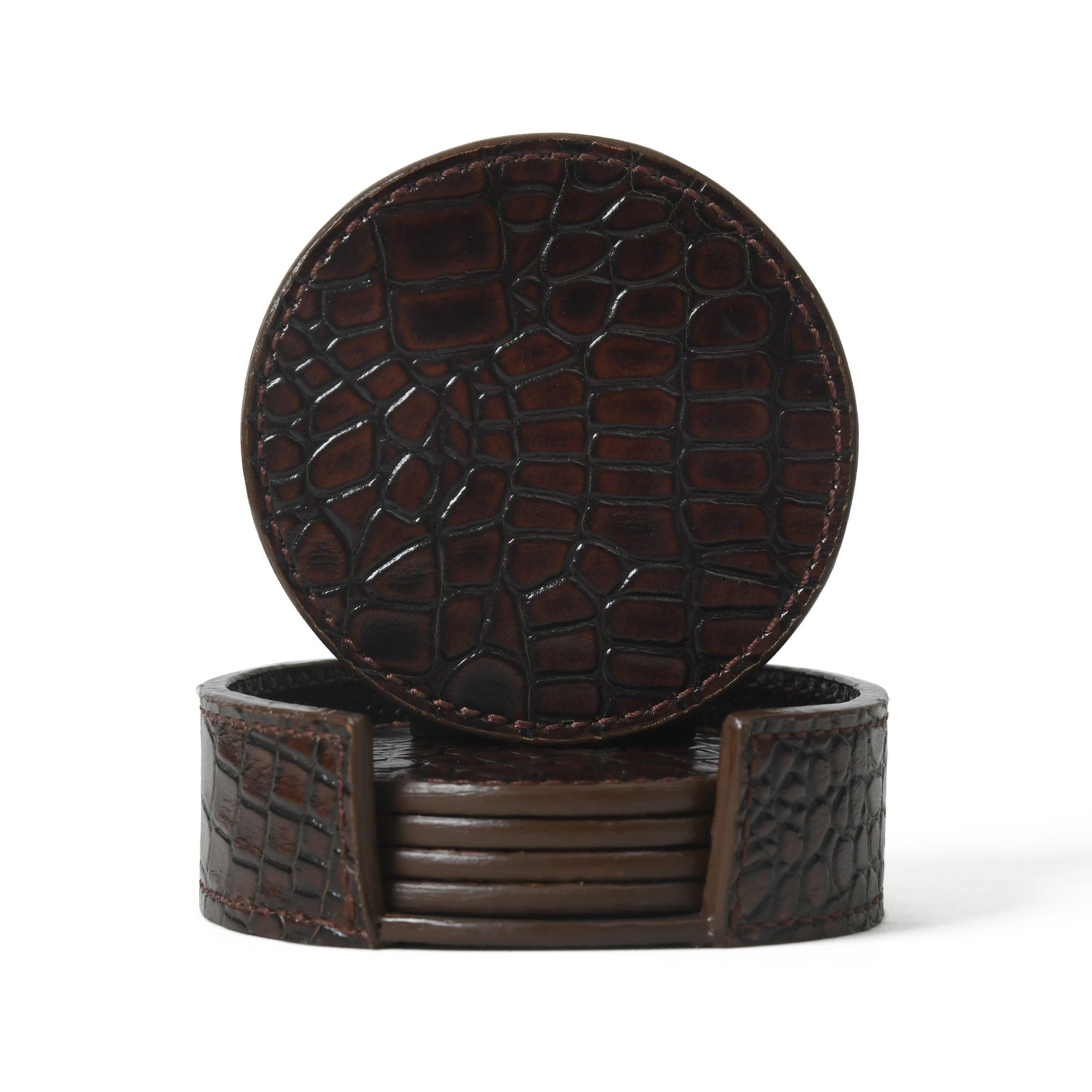 MOUSM 6 Leather Coasters with Holder Set, Whiskey Coasters, Round Leather Coasters, Housewarming Gift, Wedding Gifts Barware