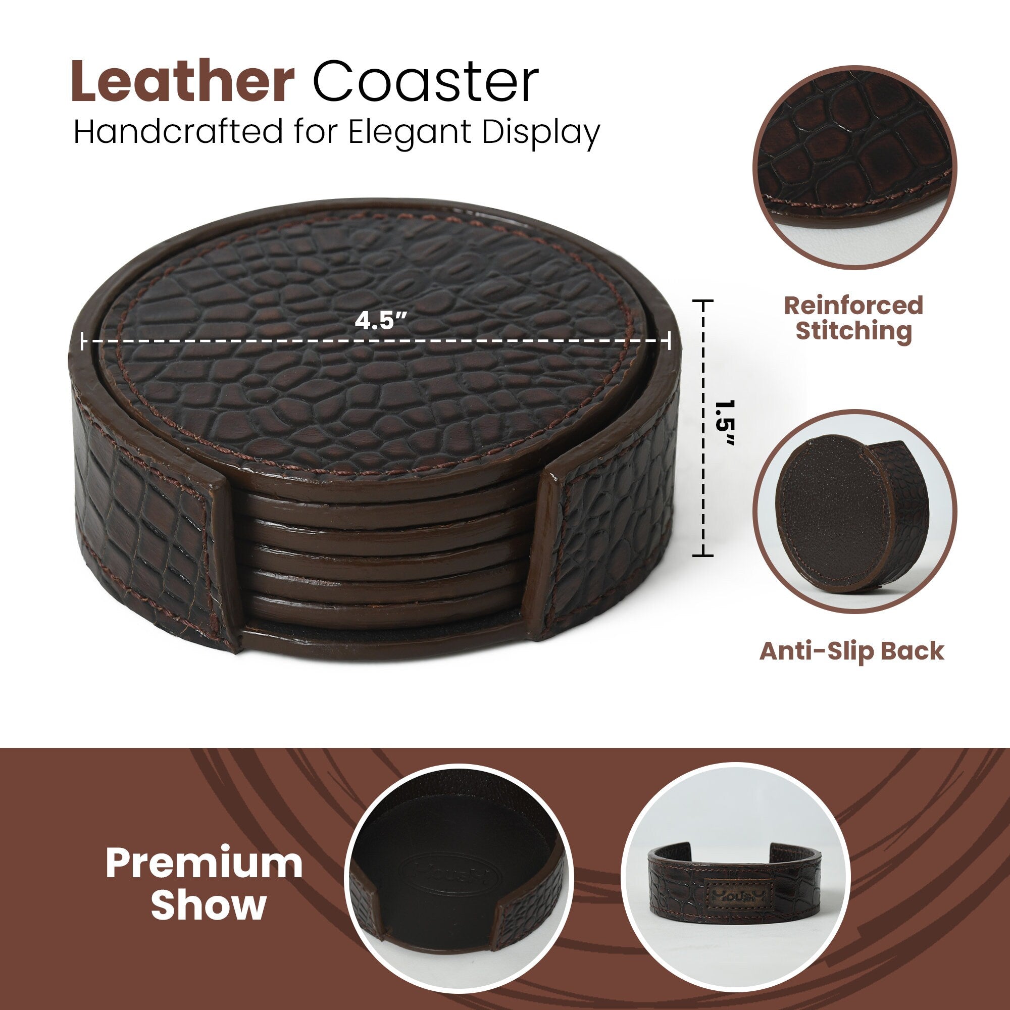 MOUSM 6 Leather Coasters with Holder Set, Whiskey Coasters, Round Leather Coasters, Housewarming Gift, Wedding Gifts Barware