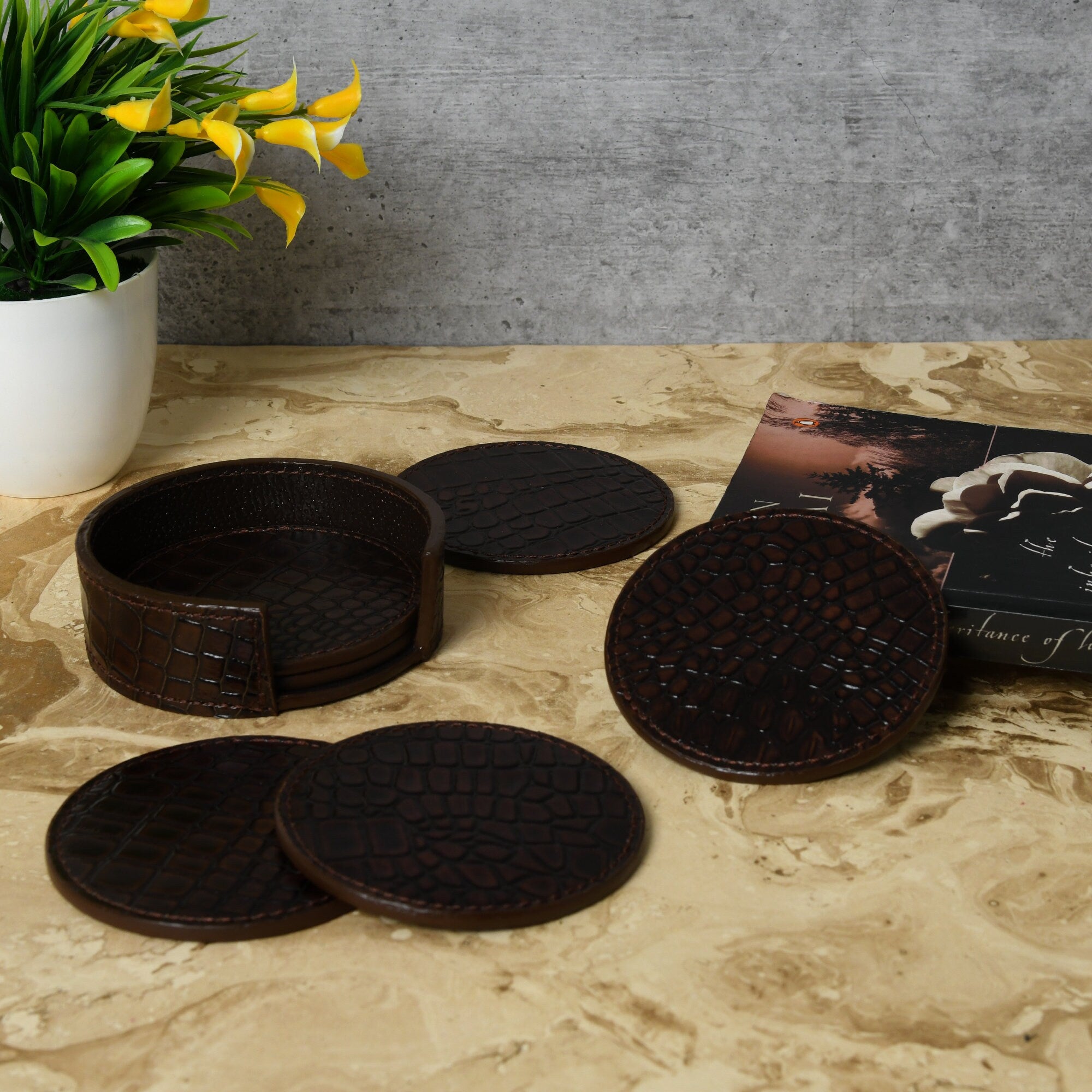MOUSM 6 Leather Coasters with Holder Set, Whiskey Coasters, Round Leather Coasters, Housewarming Gift, Wedding Gifts Barware