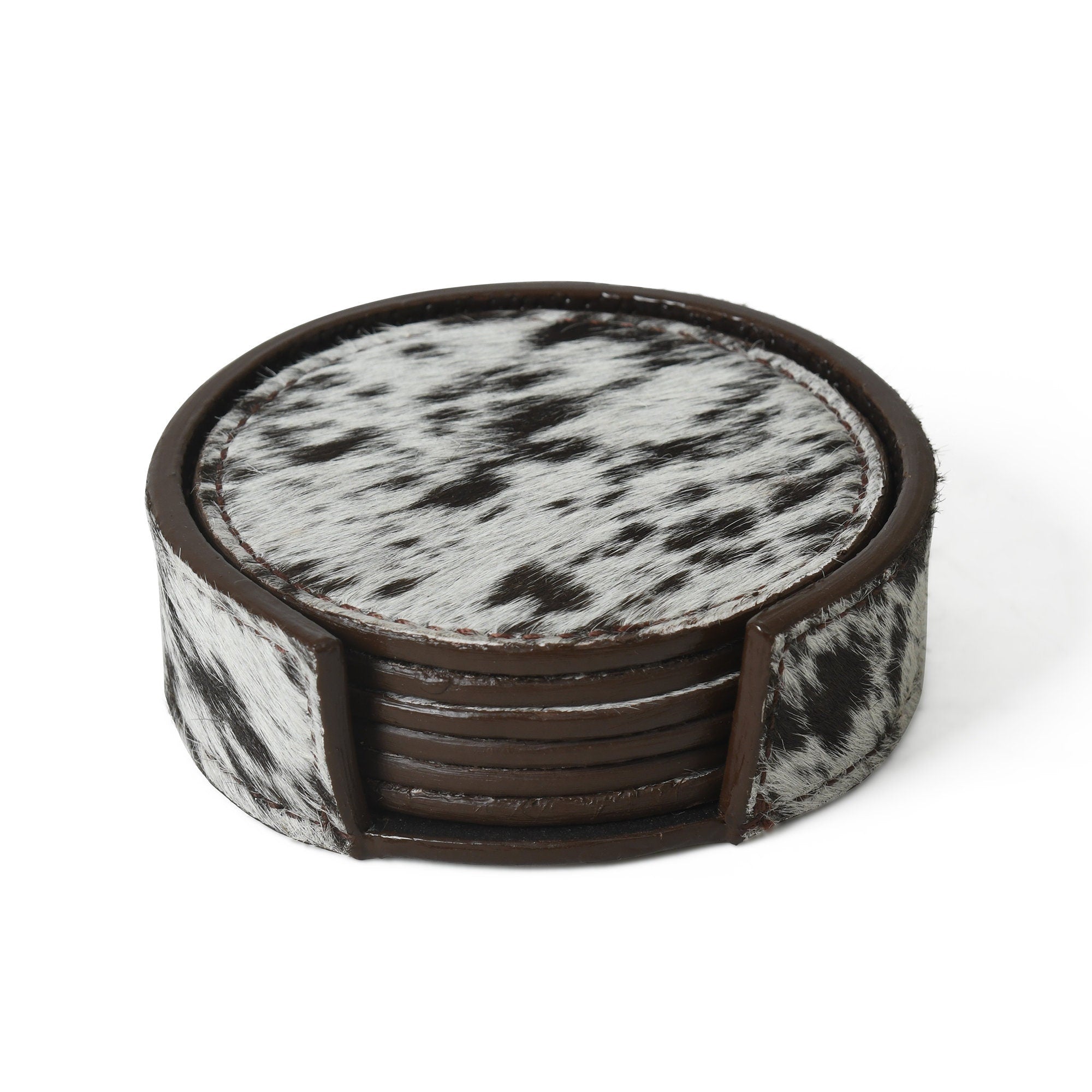 MOUSM Genuine Cowhide Leather 6 piece Coaster Set with Holder, Round Leather Coasters, Housewarming Gift, Wedding Gifts Barware