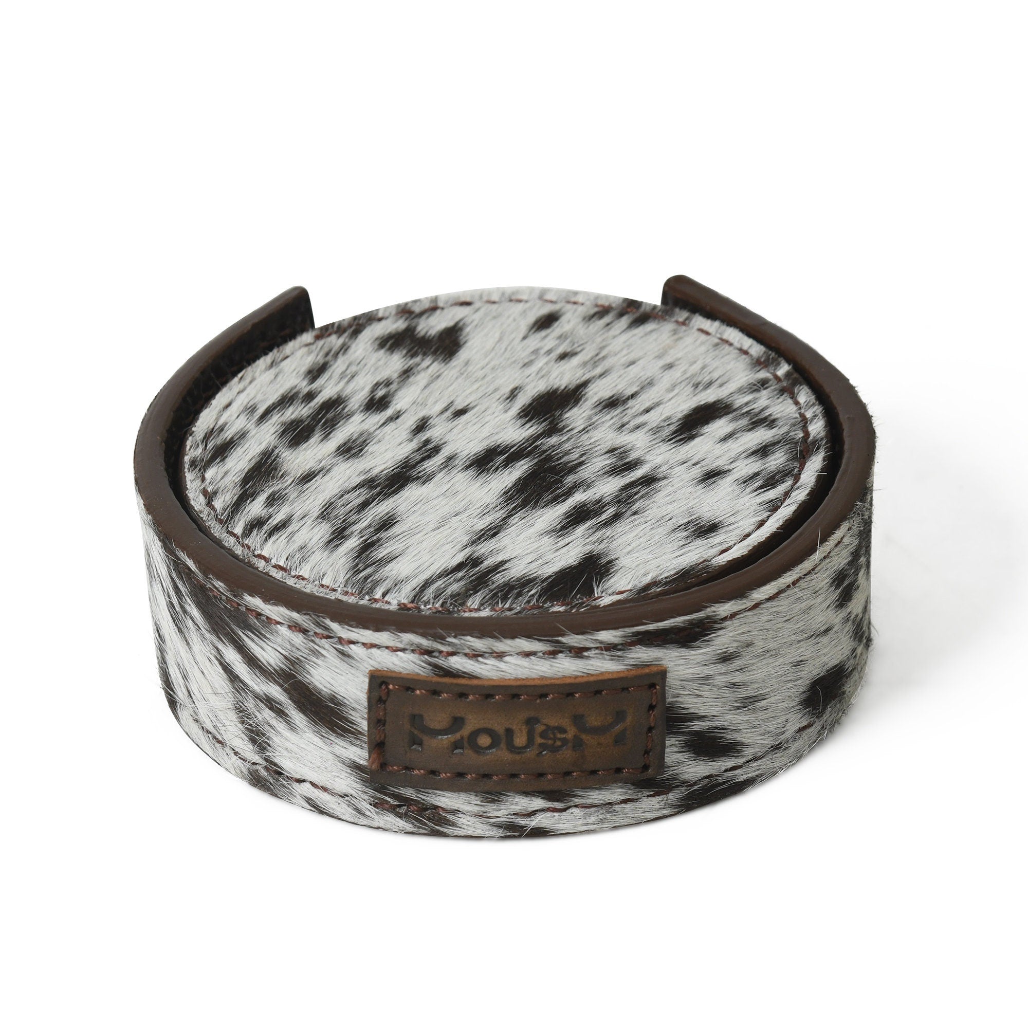 MOUSM Genuine Cowhide Leather 6 piece Coaster Set with Holder, Round Leather Coasters, Housewarming Gift, Wedding Gifts Barware