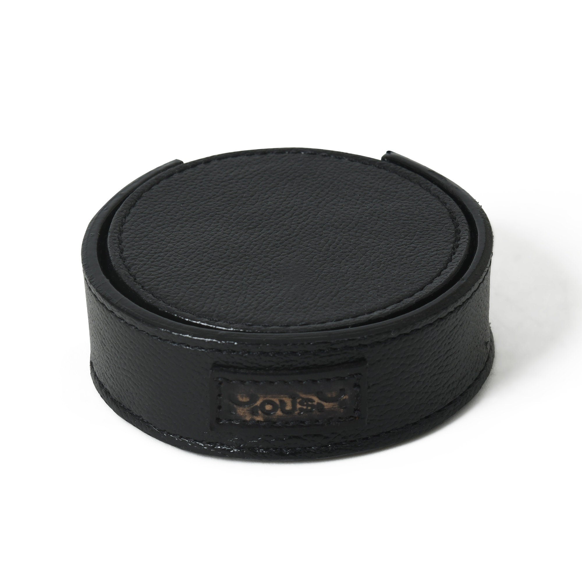 MOUSM Genuine Leather Coaster Set with Holder, Black Coaster, Barware Gift, Gift for Him, Party Drink Mats Housewarming Gifts, Drinking Mats