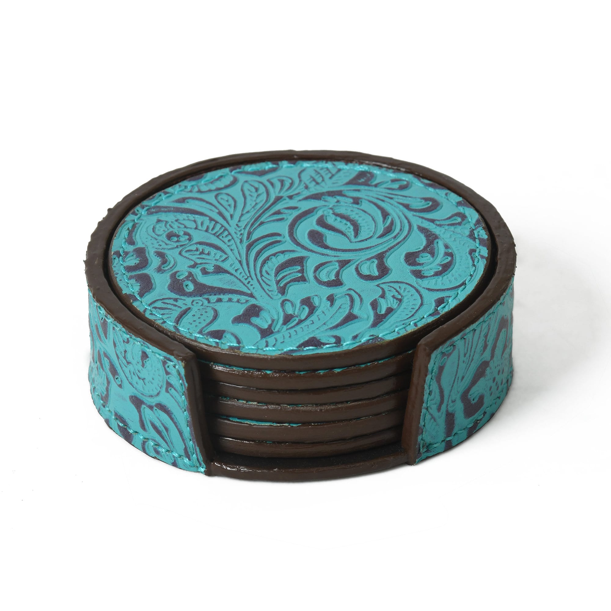 MOUSM Genuine Leather Coaster Set of 6 with Holder, Round Floral Print Coaster, Barware Gift, Gift for Him, Drink Mats Housewarming Gifts